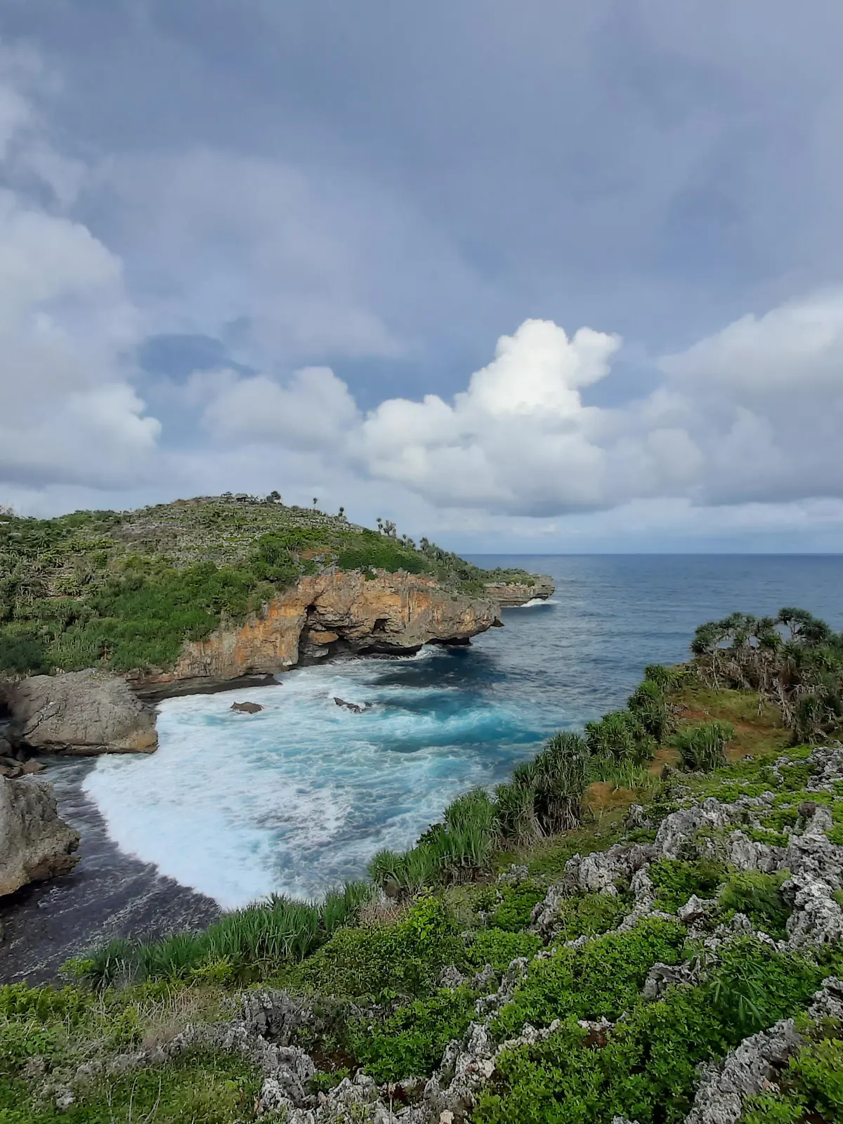 View from the hill edge on Midodaren beach east in high angle view. Waves crashing against sand beach in Java, Indonesia