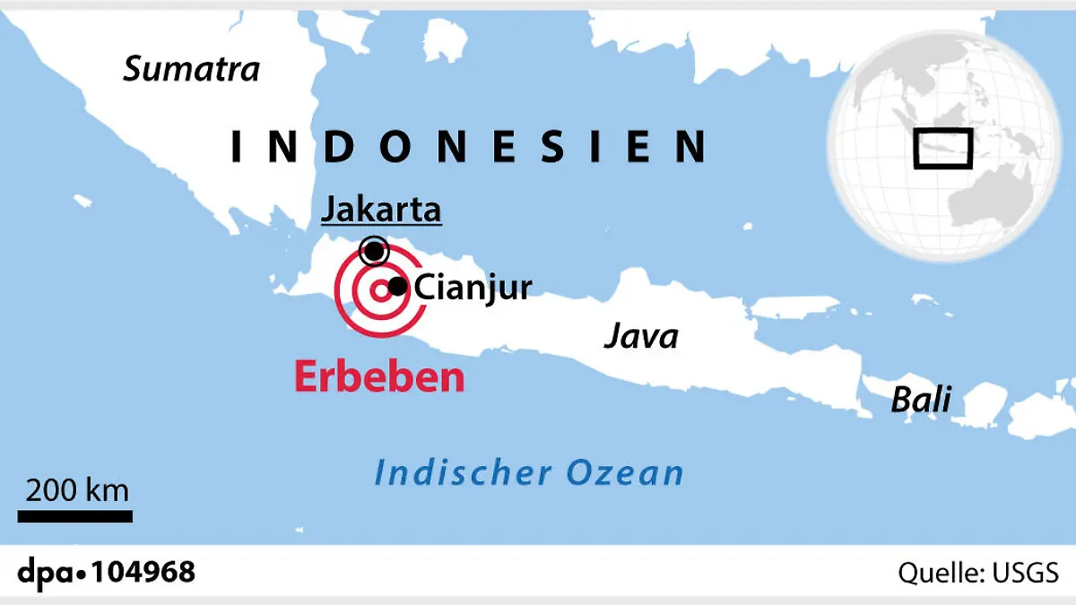 Grafik-Karte Nr. 104968, Querformat, "Verortung des Bebens in Indonesien"; Grafik: A. Brühl, Redaktion: J. Schneider