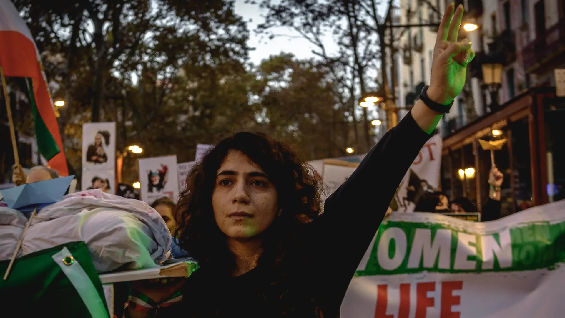 November 19, 2022, Barcelona, Catalonia, Spain: Activists shout slogans while marching through Barcelona in solidarity with protests in Iran that have erupted since the death of 22-year-old Masha Aminiy in custody of so-called morality police. Barcelona Spain - ZUMAo105 20221119_zap_o105_026 Copyright: xMatthiasxOesterlex