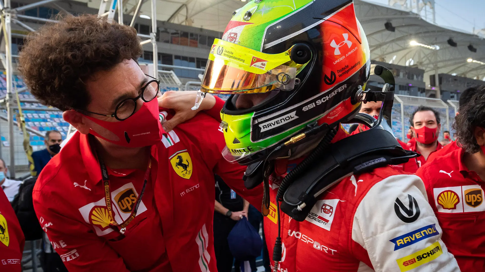 20 Schumacher Mick ger, Prema Racing, Dallara F2 2018, ambiance, portrait, celebrating his title with BINOTTO Mattia ita, Team Principal & Technical Director of the Scuderia Ferrari after the 12th round of the 2020 FIA Formula 2 Championship from December 4 to 6, 2020 on the Bahrain International Circuit, in Sakhir, Bahrain FORMULE 2 : GP Bahrain F2 - 06/12/2020 DPPI/PANORAMIC PUBLICATIONxNOTxINxFRAxITAxBEL SAK_GP_SR-9904
