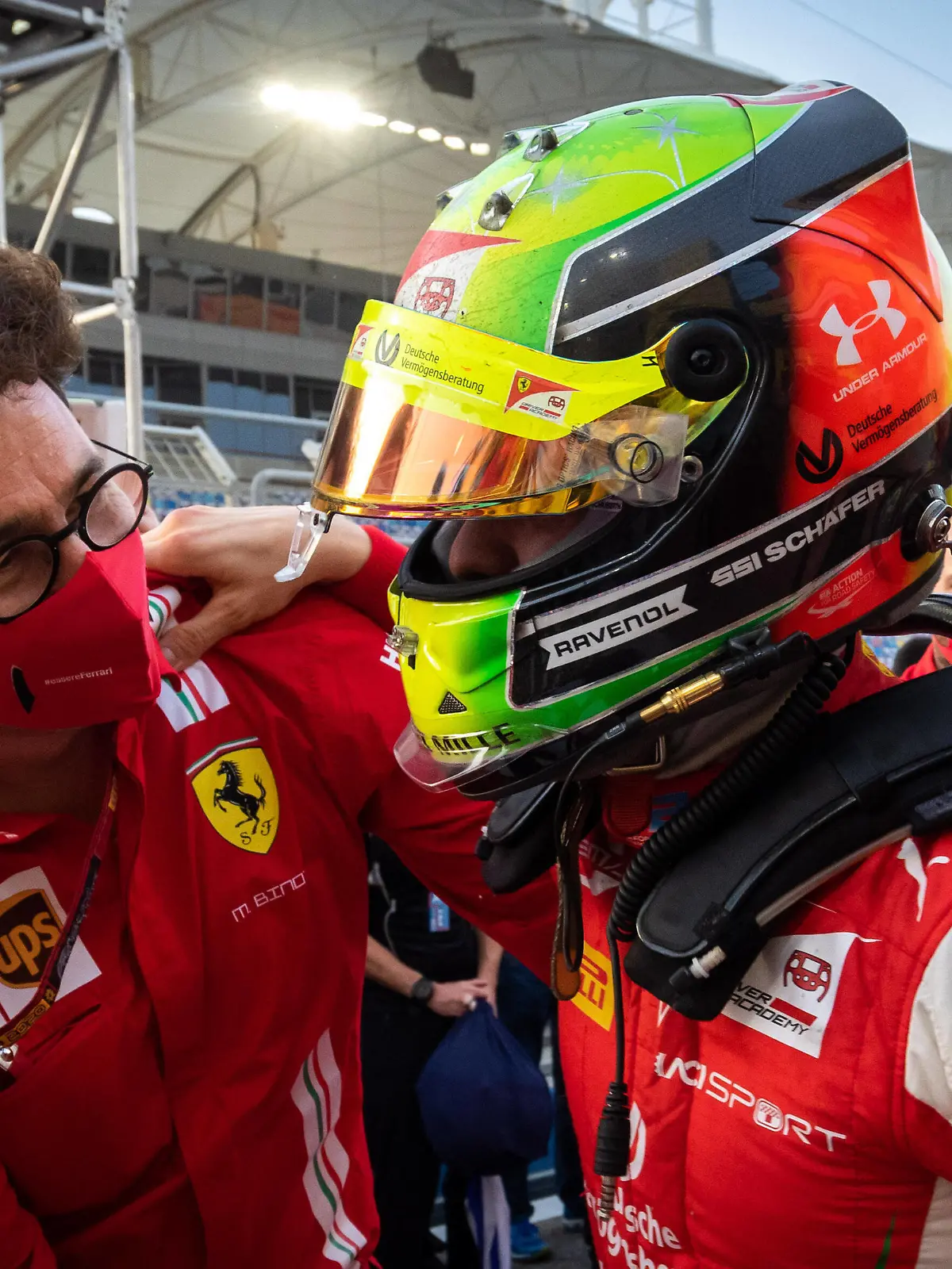  20 Schumacher Mick ger, Prema Racing, Dallara F2 2018, ambiance, portrait, celebrating his title with BINOTTO Mattia ita, Team Principal & Technical Director of the Scuderia Ferrari after the 12th round of the 2020 FIA Formula 2 Championship from December 4 to 6, 2020 on the Bahrain International Circuit, in Sakhir, Bahrain FORMULE 2 : GP Bahrain F2 - 06/12/2020 DPPI/PANORAMIC PUBLICATIONxNOTxINxFRAxITAxBEL SAK_GP_SR-9904