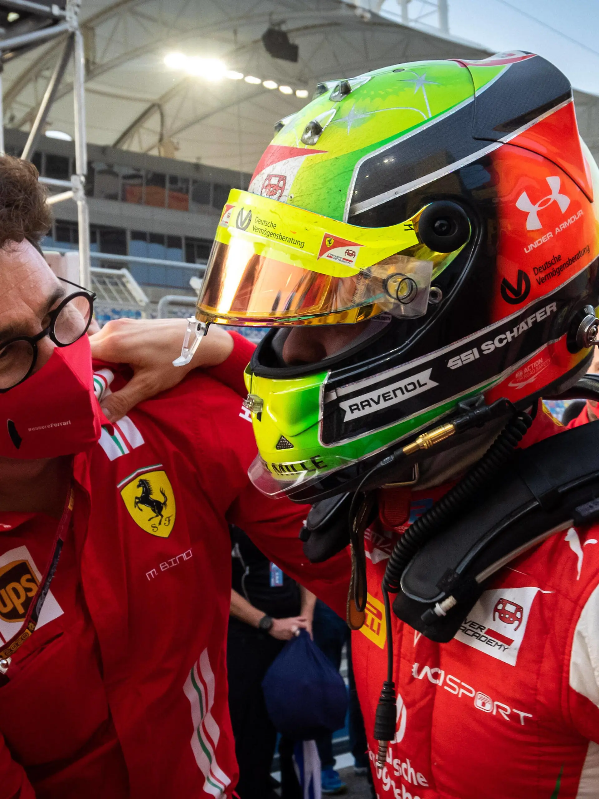 20 Schumacher Mick ger, Prema Racing, Dallara F2 2018, ambiance, portrait, celebrating his title with BINOTTO Mattia ita, Team Principal & Technical Director of the Scuderia Ferrari after the 12th round of the 2020 FIA Formula 2 Championship from December 4 to 6, 2020 on the Bahrain International Circuit, in Sakhir, Bahrain FORMULE 2 : GP Bahrain F2 - 06/12/2020 DPPI/PANORAMIC PUBLICATIONxNOTxINxFRAxITAxBEL SAK_GP_SR-9904