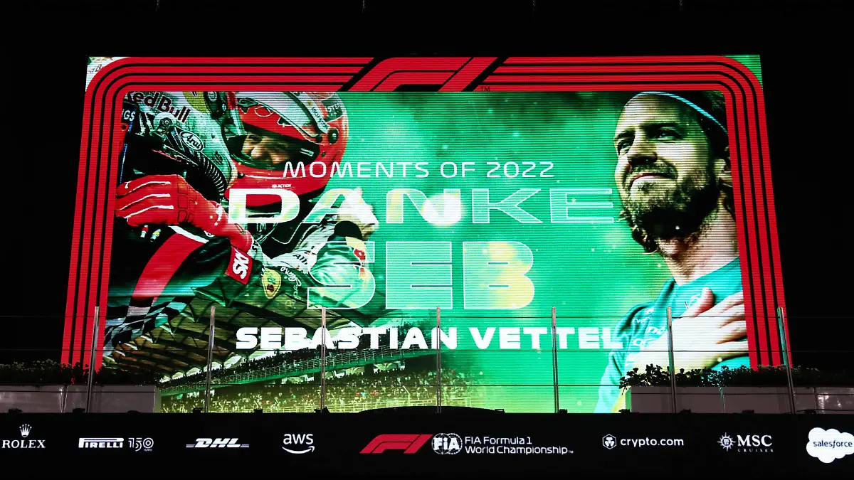  Tribute To Sebastian Vettel In Abu Dhabi A podium is seen during the tribute run to Sebastian Vettel, who will retire Formula 1 after the Abu Dhabi Grand Prix, at Yas Marina Circuit in Abu Dhabi, United Arab Emirates on November 19, 2022. Abu Dhabi United Arab Emirates PUBLICATIONxNOTxINxFRA Copyright: xJakubxPorzyckix originalFilename:porzycki-tributet221119_npoGh.jpg