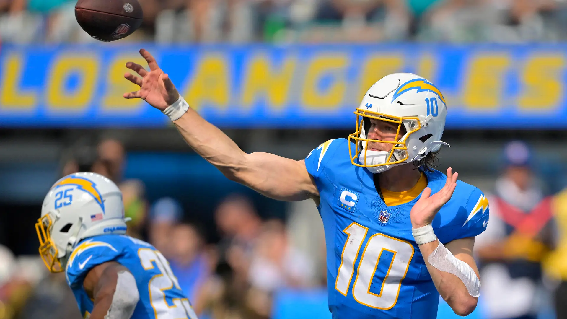 Sep 10, 2023; Inglewood, California, USA;   Los Angeles Chargers quarterback Justin Herbert (10) throws a pass in the second half against the Miami Dolphins at SoFi Stadium. Mandatory Credit: Jayne Kamin-Oncea-USA TODAY Sports