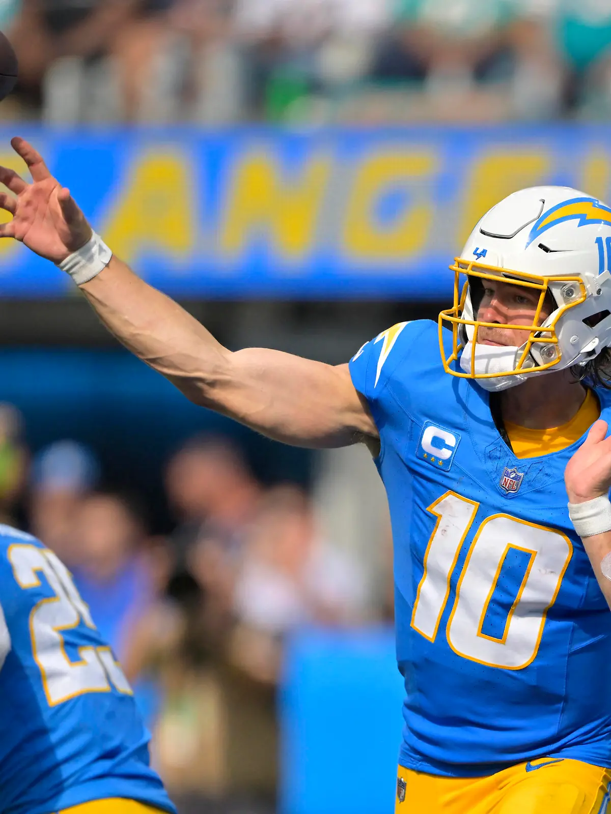Sep 10, 2023; Inglewood, California, USA;   Los Angeles Chargers quarterback Justin Herbert (10) throws a pass in the second half against the Miami Dolphins at SoFi Stadium. Mandatory Credit: Jayne Kamin-Oncea-USA TODAY Sports