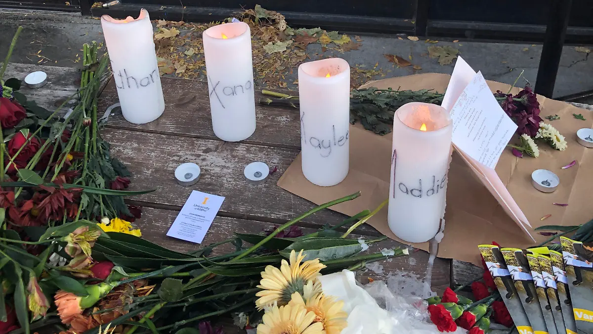 Candles and flowers are left at a make-shift memorial honoring four slain University of Idaho students outside the Mad Greek restaurant in downtown Moscow, Idaho, on Tuesday, Nov. 15, 2022. Police discovered the bodies of the four students at home near campus on Sunday, Nov. 13, 2022, and said the killer or killers used a knife or bladed weapon in the targeted attack. Two of the victims, 21-year-old Madison Mogen and 20-year-old Xana Kernodle, were servers at Mad Greek. (AP Photo/Nicholas K. Geranios)
