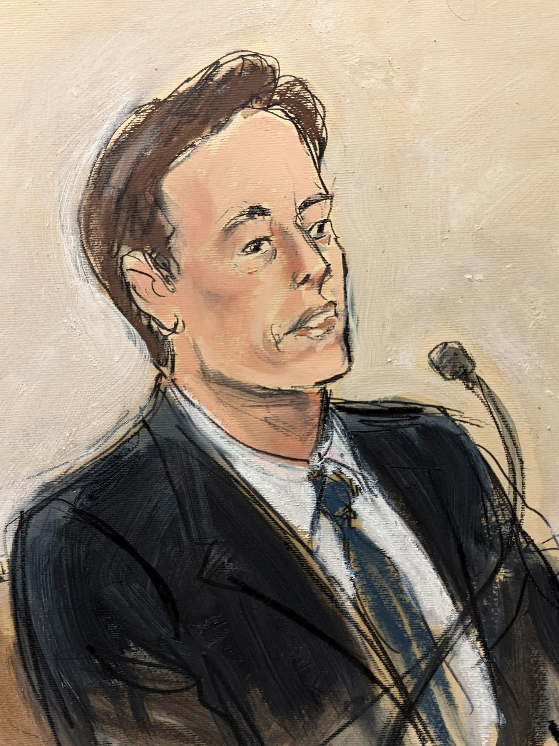 In this courtroom sketch Tesla CEO Elon Musk testifies in a courtroom in Wilmington, Del., on Wednesday, Nov. 16, 2022. Musk is defending himself in a shareholder lawsuit challenging a compensation package he was awarded by the company's board of directors that is potentially worth more than $55 billion. (Elizabeth Williams via AP)