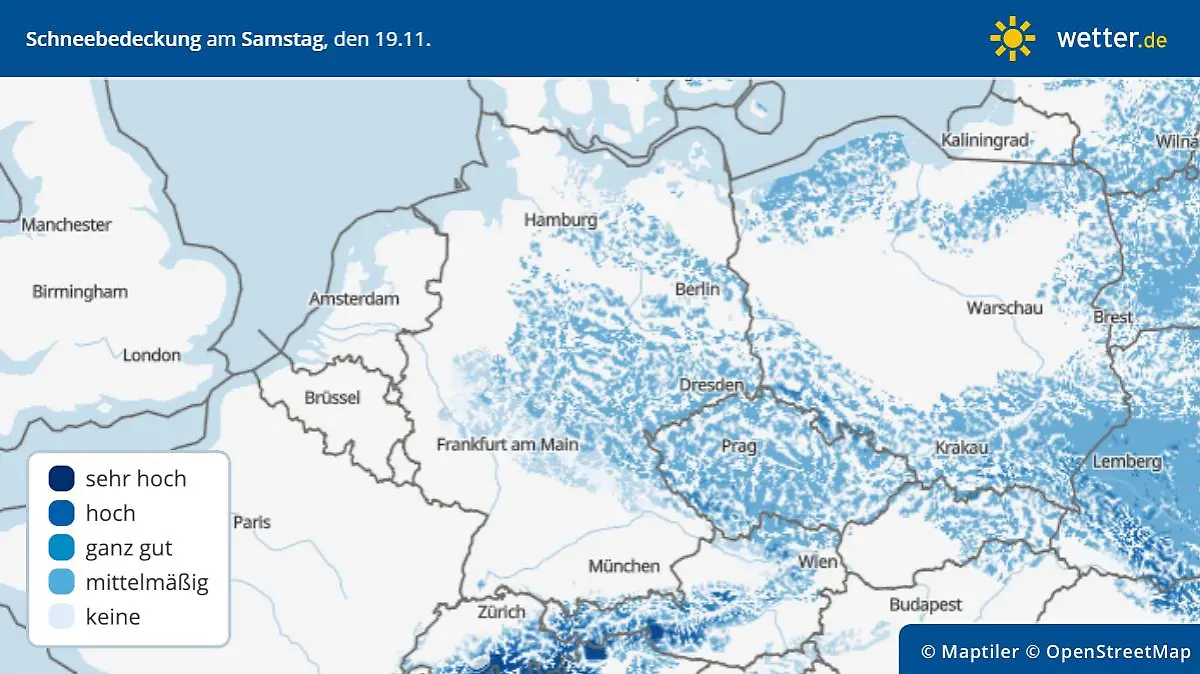 Schneebedeckung am Samstag, 19. November, in Deutschland