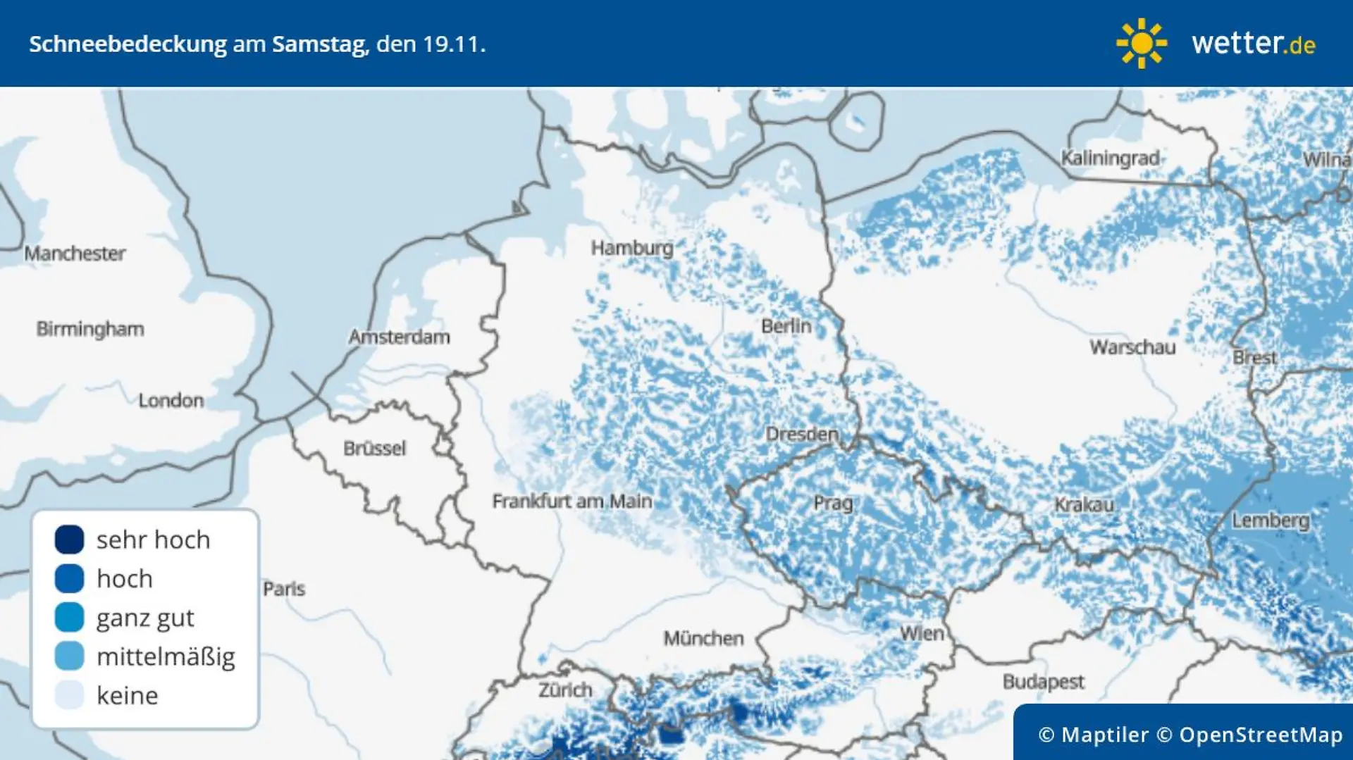 Schneebedeckung am Samstag, 19. November, in Deutschland