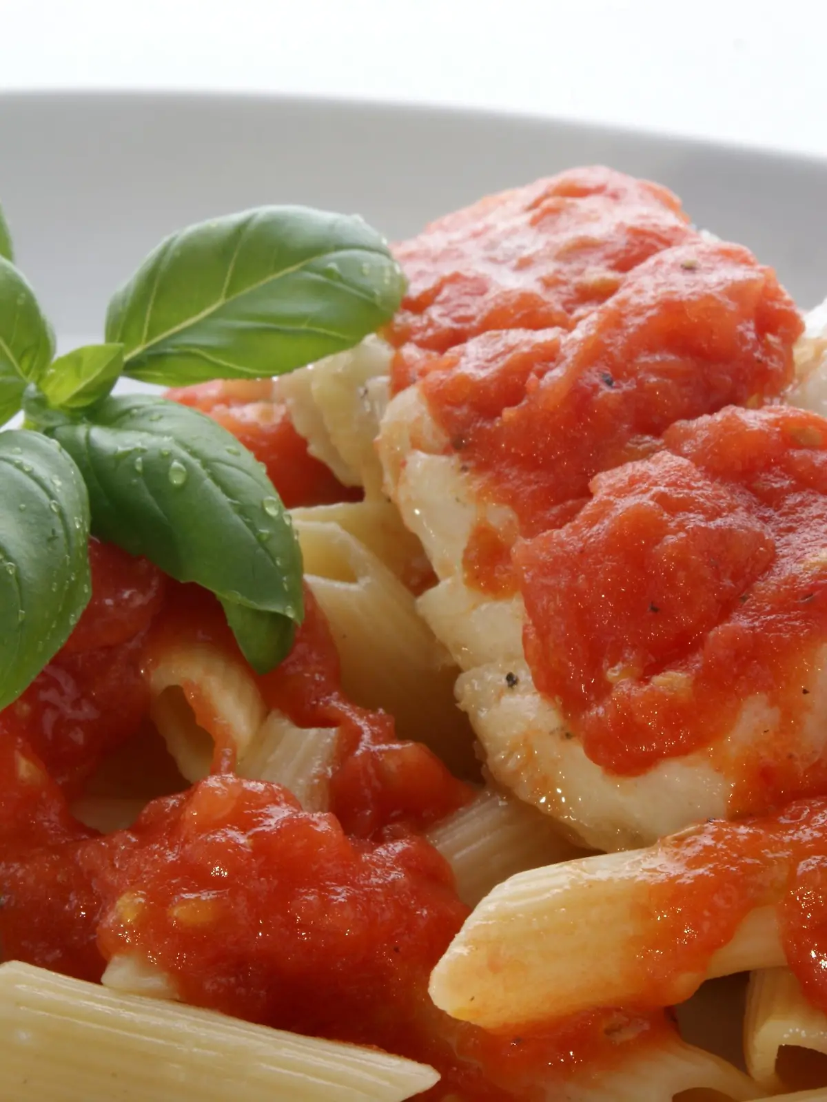 Gekochte Dorschstücke mit Nudeln und Tomatensoße