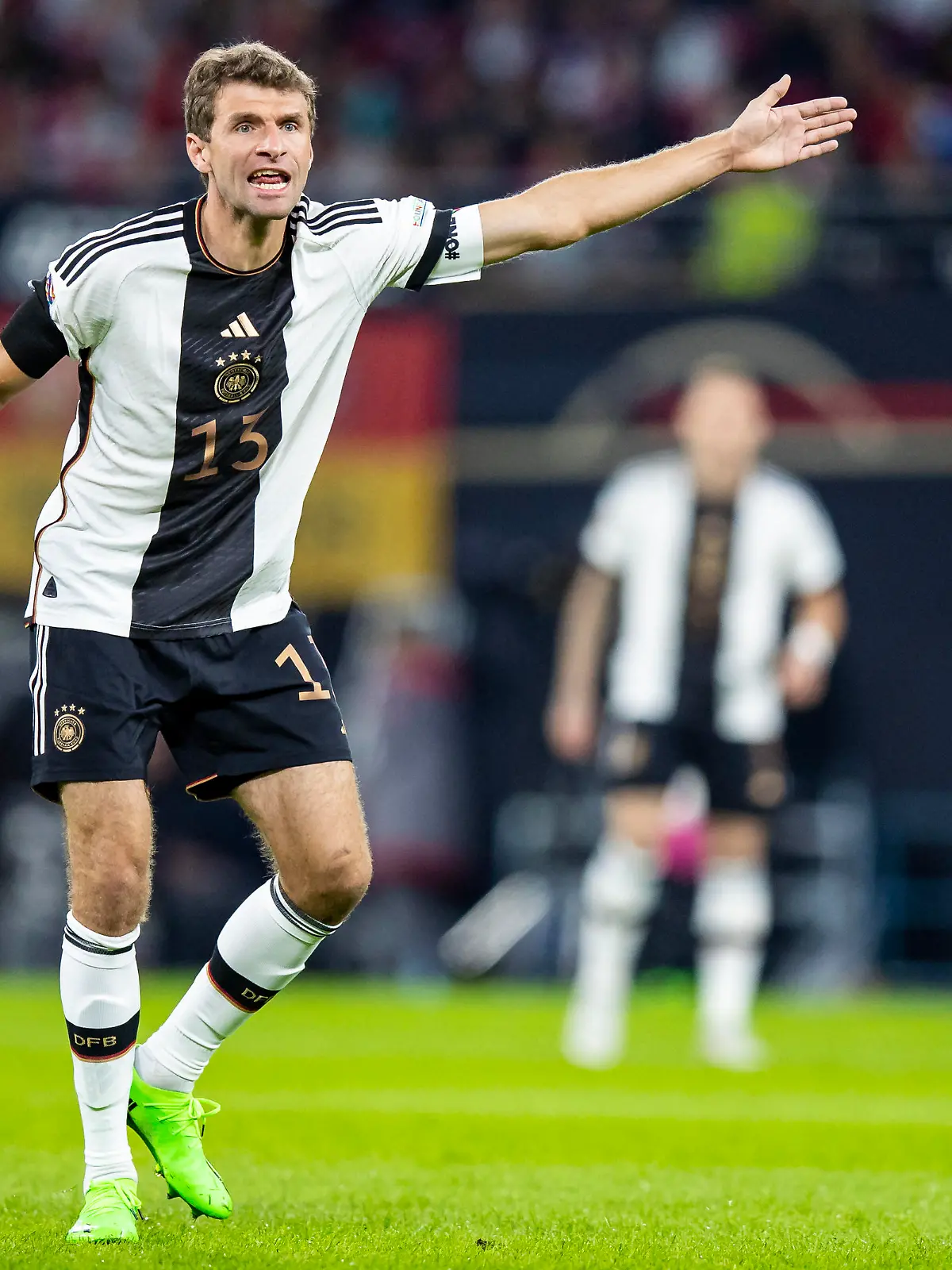 Fußball: Nations League A, Deutschland - Ungarn, Gruppenphase, Gruppe 3, 5. Spieltag, Red Bull Arena. Deutschlands Thomas Müller gestikuliert.
