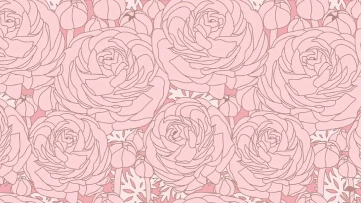 Suchbild mit mehreren rosanen Blumen und einem versteckten Flamingo