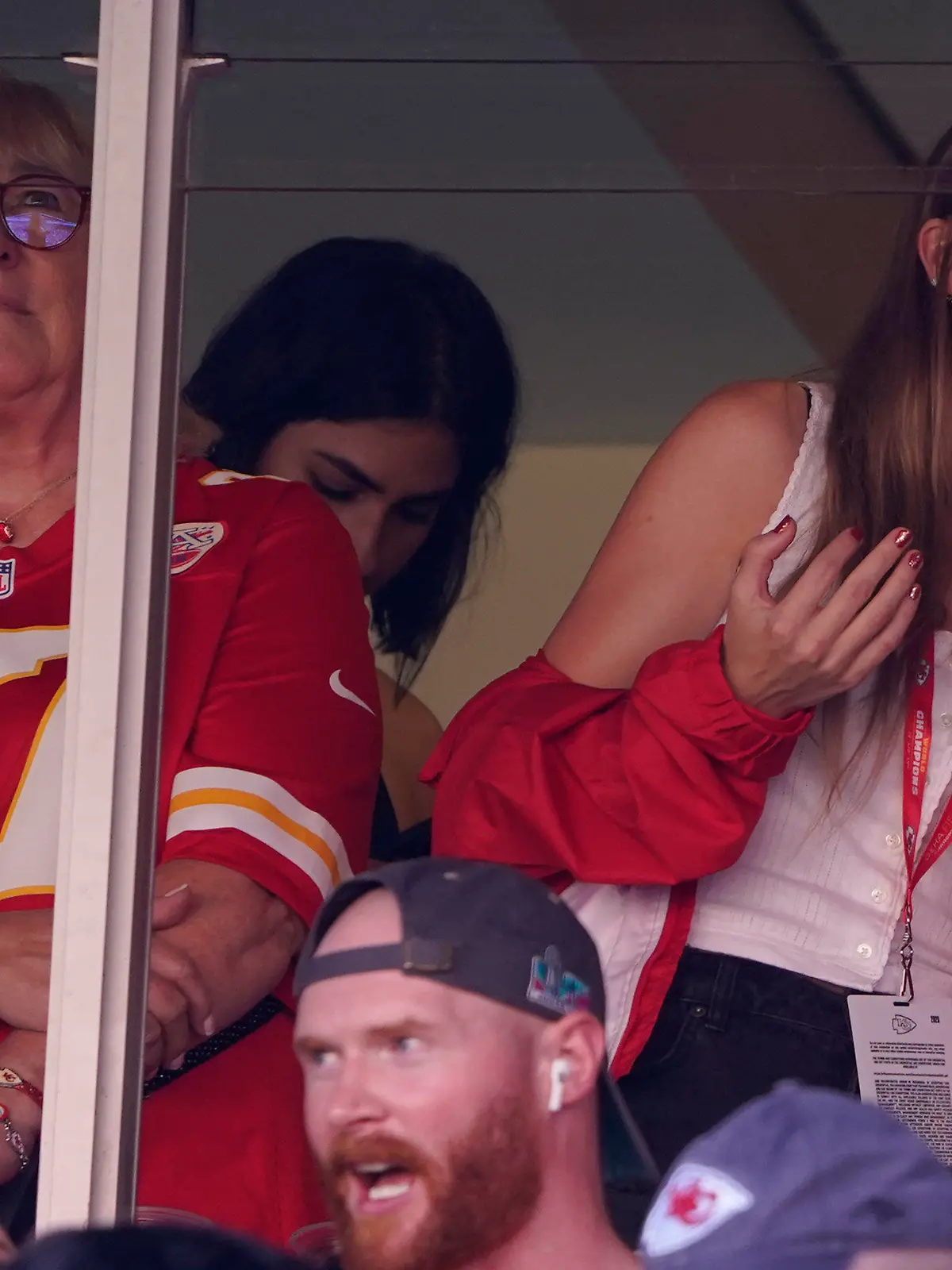 Taylor Swift, right, watches from a suite alongside Travis Kelce's mother, Donna Kelce, inside Arrowhead Stadium during the first half of an NFL football game between the Chicago Bears and Kansas City Chiefs Sunday, Sept. 24, 2023, in Kansas City, Mo. (AP Photo/Ed Zurga)