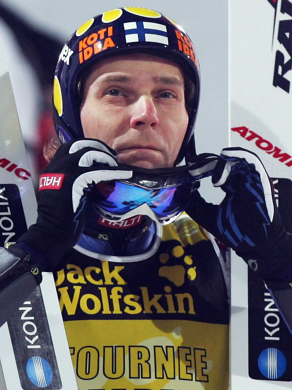 BISCHOFSHOFEN, AUSTRIA - JANUARY 06:  Janne Ahonen of Finnland celebrates during the fourth round of the FIS Ski Jumping World Cup event at the 56th Four Hills Ski Jumping Tournament on January 06, 2008 in Bischofshofen, Austria.  (Photo by Patrik Stollarz/Bongarts/Getty Images)