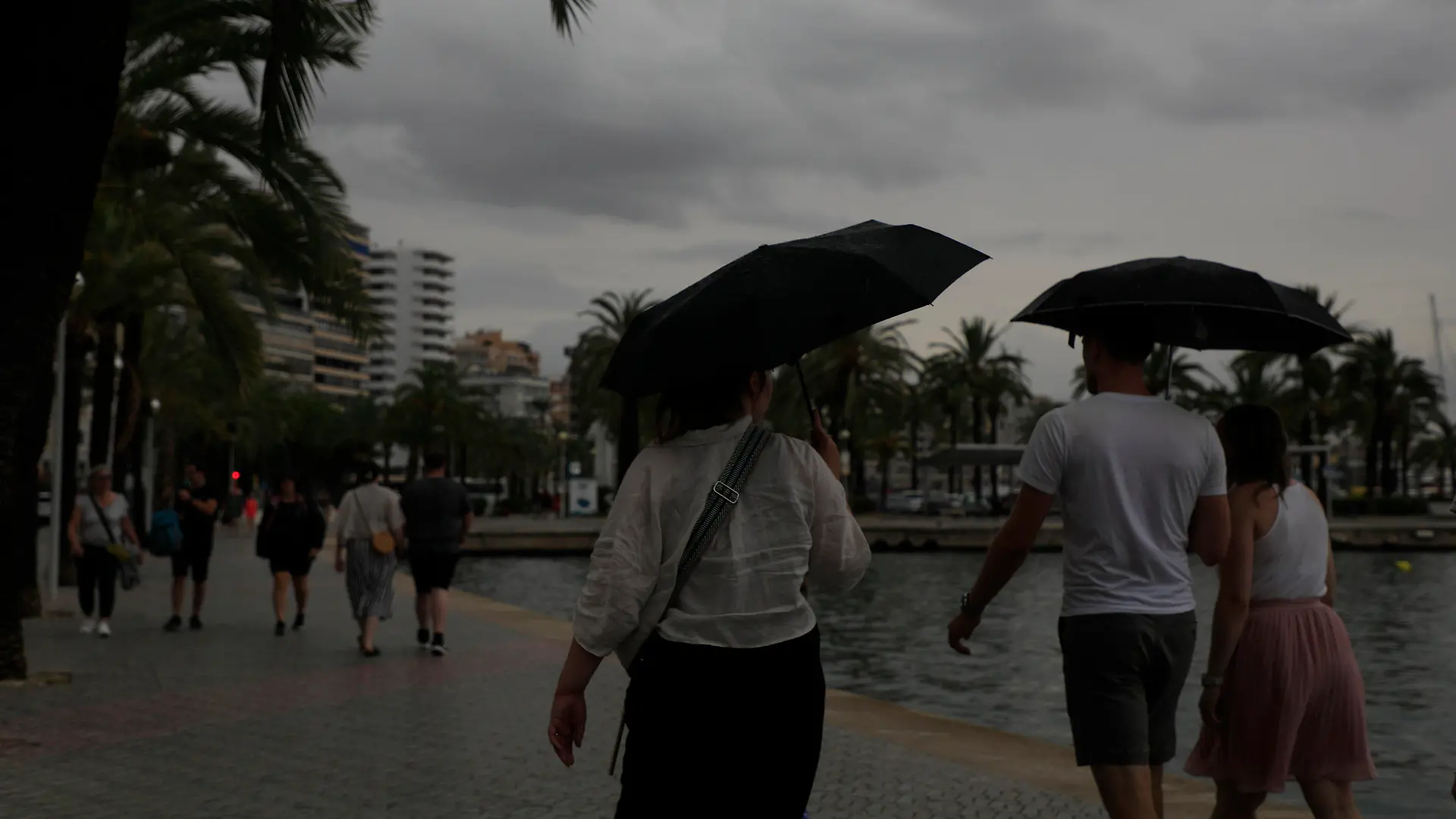 02.09.2023, Spanien, Palma: Mit Schirmen sind Spaziergänger an der Strandpromenade unterwegs. Auf Mallorca wurde wegen möglicher Unwetter die gelbe Alarmstufe ausgerufen. Foto: Clara Margais/dpa +++ dpa-Bildfunk +++