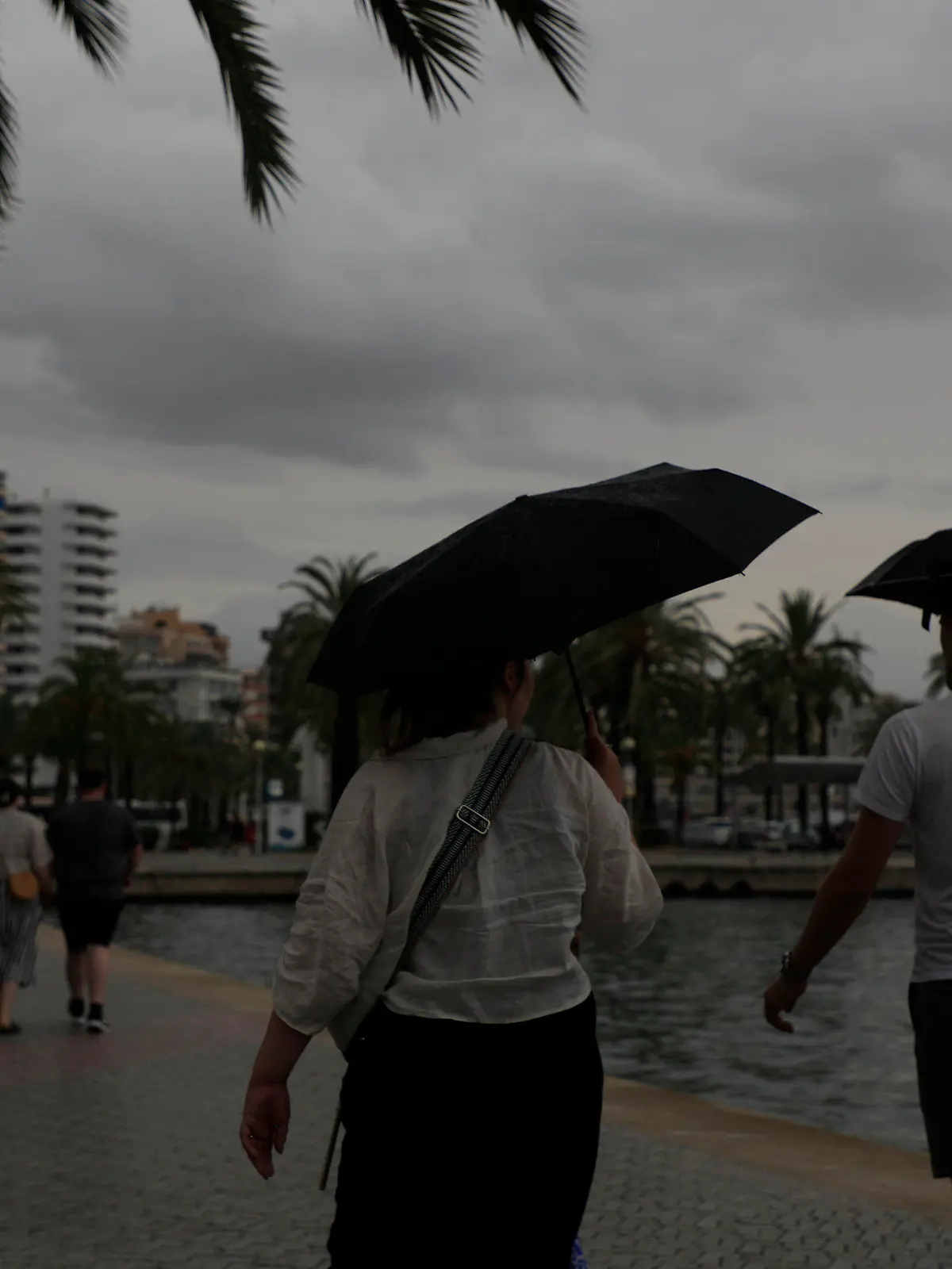 02.09.2023, Spanien, Palma: Mit Schirmen sind Spaziergänger an der Strandpromenade unterwegs. Auf Mallorca wurde wegen möglicher Unwetter die gelbe Alarmstufe ausgerufen. Foto: Clara Margais/dpa +++ dpa-Bildfunk +++