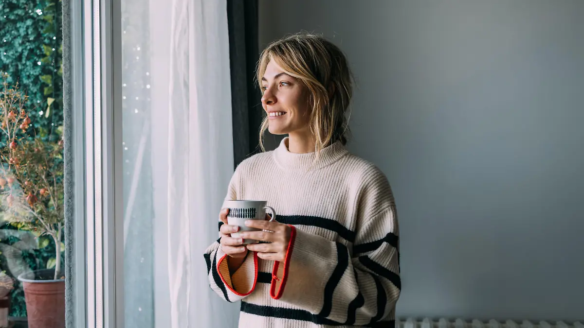 Optimistic mornings: a smiling young woman drinking tea by the window.