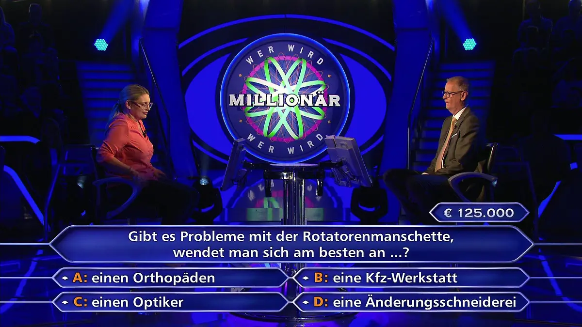 Wirklich gut gespielt! Es ist die 125.000´-Euro-Frage und Günther Jauchs Kandidatin Jennifer Priewer hat noch immer ihren Telefonjoker zur Verfügung.