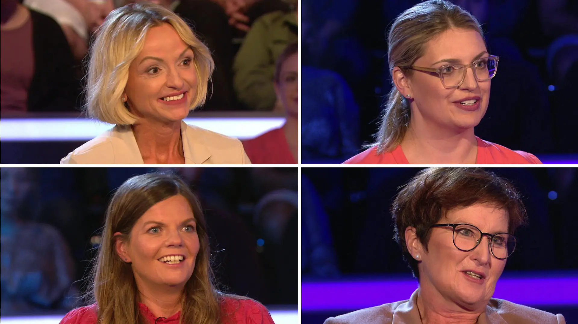 Frauenpower bei „Wer wird Millionär?“! Günther Jauchs Kandidatinnen Kim Bergmann, Jennifer Priewer, Jasmin Wagner und Bettina Poser (von oben links nach unten rechts) haben alle kräftig abgeräumt.