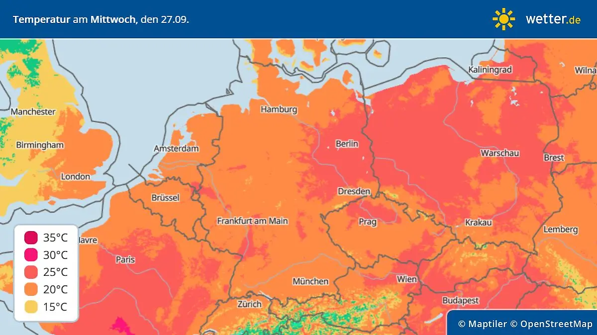Die Grafik zeigt die Höchstwerte für Deutschland am Mittwoch, 27.09.2023