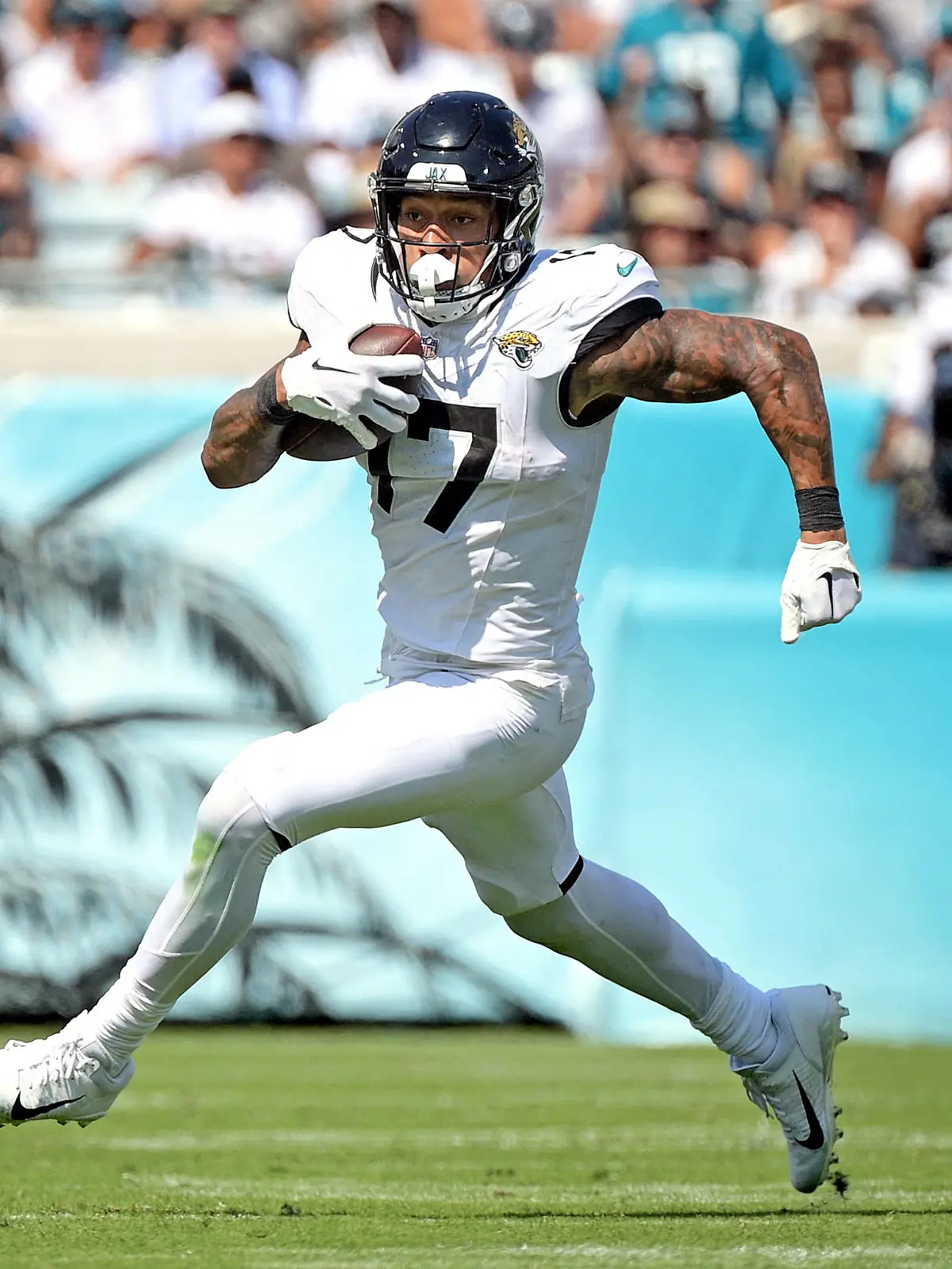 Sep 24, 2023; Jacksonville, Florida, USA; Jacksonville Jaguars tight end Evan Engram (17) runs the ball during the second half against the Houston Texans at EverBank Stadium. Mandatory Credit: Melina Myers-USA TODAY Sports