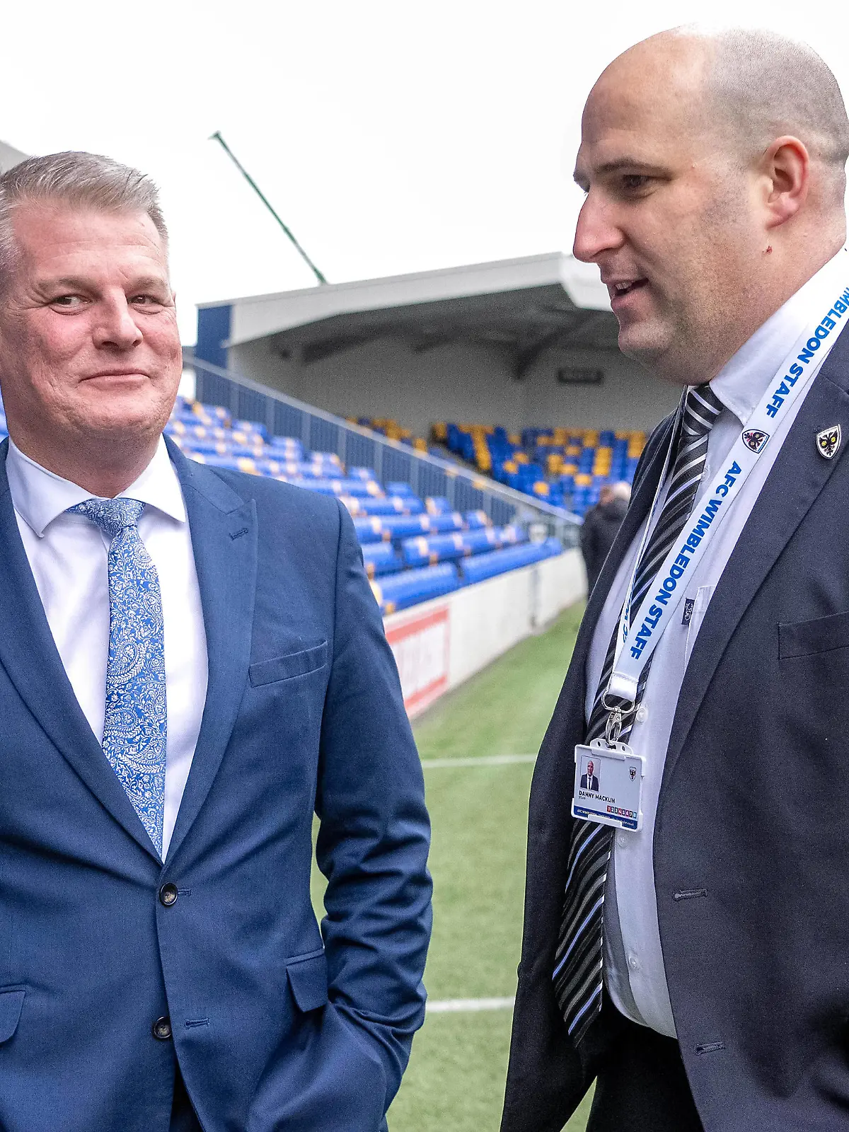 White Paper on football governance Sports Minister Stuart Andrew left speaks with AFC Wimbledon managing director Danny Macklin during a DCMS media event at Cherry Red Records Stadium, home of AFC Wimbledon. A new White Paper on football governance published on Thursday sets out the proposed scope of the new regulators powers.Clubs will be required to adhere to minimum standards on fan engagement as part of a licensing system overseen by the regulator, forcing them to abide by Football Association rules giving fans veto powers over changes of a clubs name, badge and kit colour. Picture date: Thursday February 23, 2023. Use subject to restrictions. Editorial use only, no commercial use without prior consent from rights holder. PUBLICATIONxNOTxINxUKxIRL Copyright: xJeffxMoorex 71104419