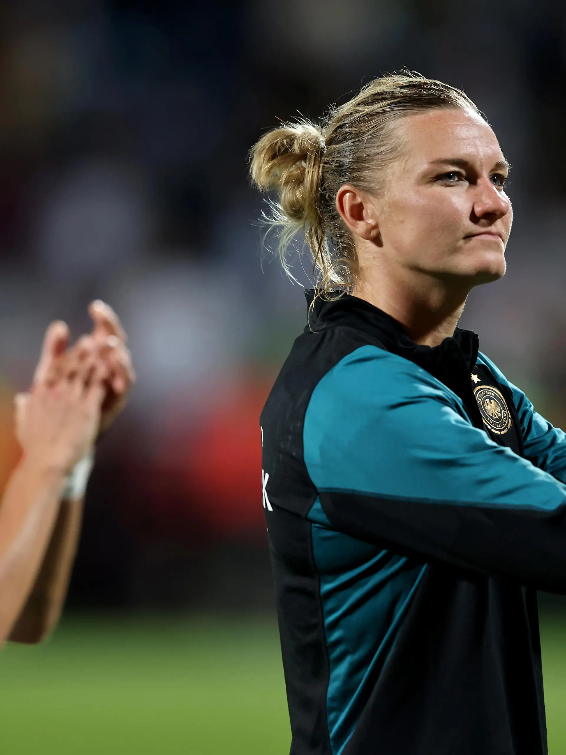 BOCHUM, GERMANY - SEPTEMBER 26: Alexandra Popp of Germany celebrates the 4-0 victory after the UEFA Womens Nations League match between Germany and Iceland at Vonovia Ruhrstadion on September 26, 2023 in Bochum, Germany. (Photo by Christof Koepsel/Getty Images)