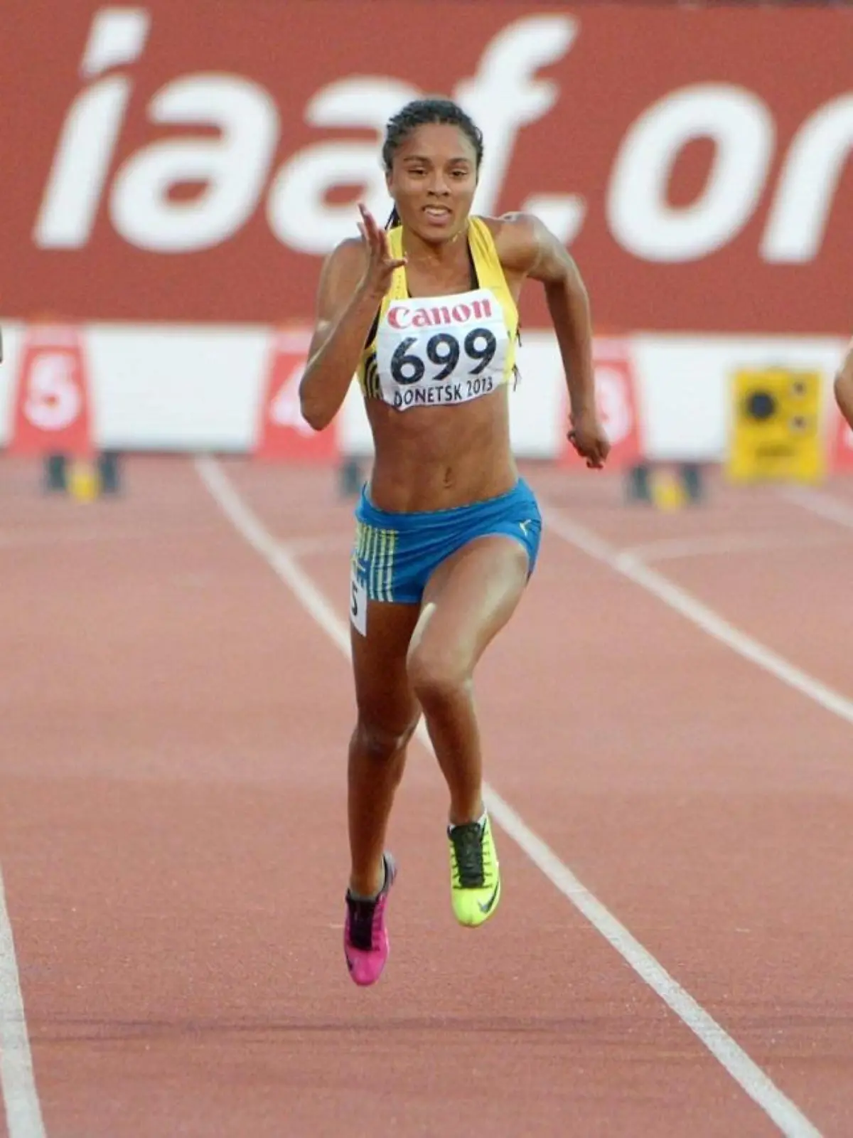 Track and Field: IAAF World Youth Championships-Evening Session Jul 11, 2013 Donetsk, UKRAINE Ky Westbrook USA, right, and Ariana Washington USA, right, place first and second in the womens 100m in the 2013 IAAF World Youth Championships at Olimpiyskyi Stadium. Irene Eklund SWE, center, was fifth. Donetsk Olimpiyskyi Stadium Ukraine United States, EDITORIAL USE ONLY PUBLICATIONxINxGERxSUIxAUTxONLY Copyright: xKirbyxLee-USAxTODAYxSportsx 7336753