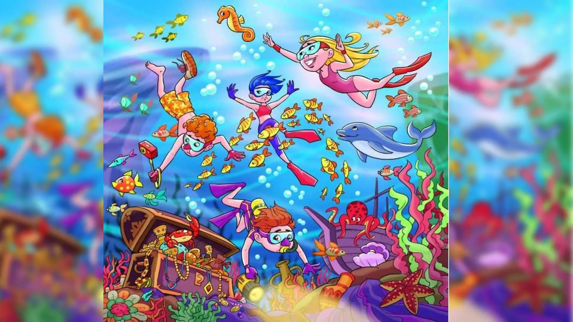 Eine bunte Unterwasserwelt mit Delfinen, Fischen, Seepferdchen, Kraken und Seesternen. Unten rechts ist eine offene Schatzkiste mit Gold. Vier Kinder tauchen durch das Wasser. Ein Kind träg einen Turnschuh, alle anderen Kinder tragen Schwimmflossen.