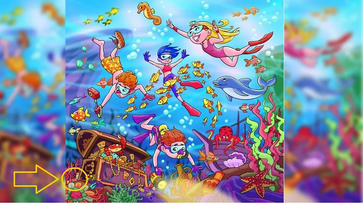 Eine bunte Unterwasserwelt mit Delfinen, Fischen, Seepferdchen, Kraken und Seesternen. Unten rechts ist eine offene Schatzkiste mit Gold. Links neben der Schatzkiste liegt der verlorene Schuh!