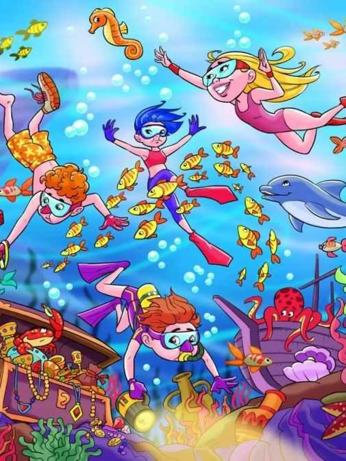 Eine bunte Unterwasserwelt mit Delfinen, Fischen, Seepferdchen, Kraken und Seesternen. Unten rechts ist eine offene Schatzkiste mit Gold. Vier Kinder tauchen durch das Wasser. Ein Kind träg einen Turnschuh, alle anderen Kinder tragen Schwimmflossen.