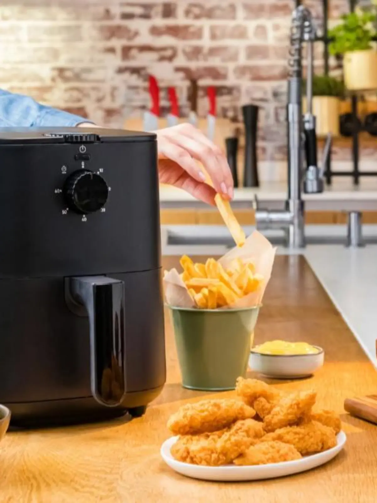 Tefal Heißluftfritteuse "Easy Fry" steht auf dem Tisch mit Gebäck.