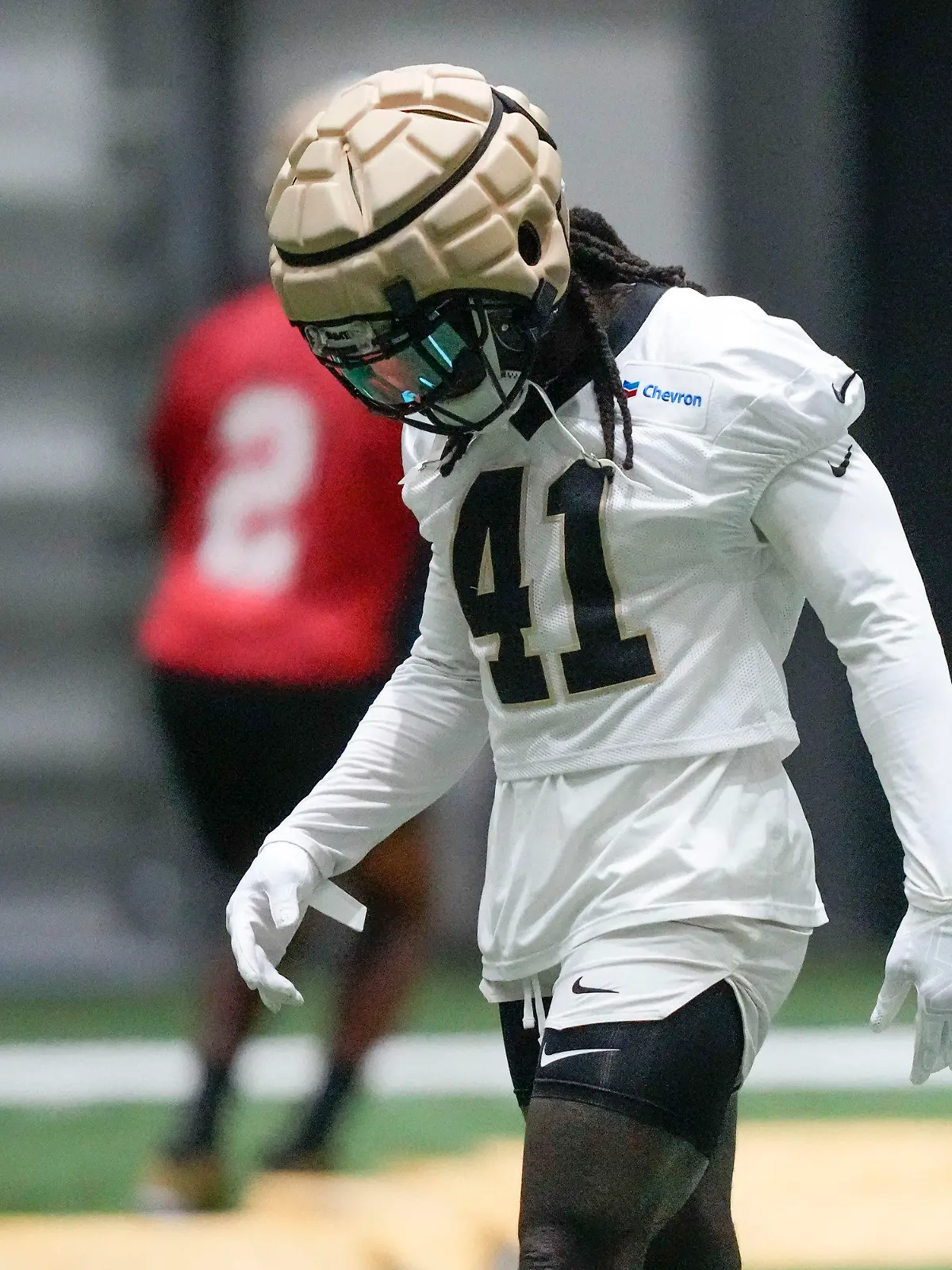 New Orleans Saints running back Alvin Kamara (41) runs through drills at the NFL team's football training camp in Metairie, La., Friday, Aug. 4, 2023. (AP Photo/Gerald Herbert)