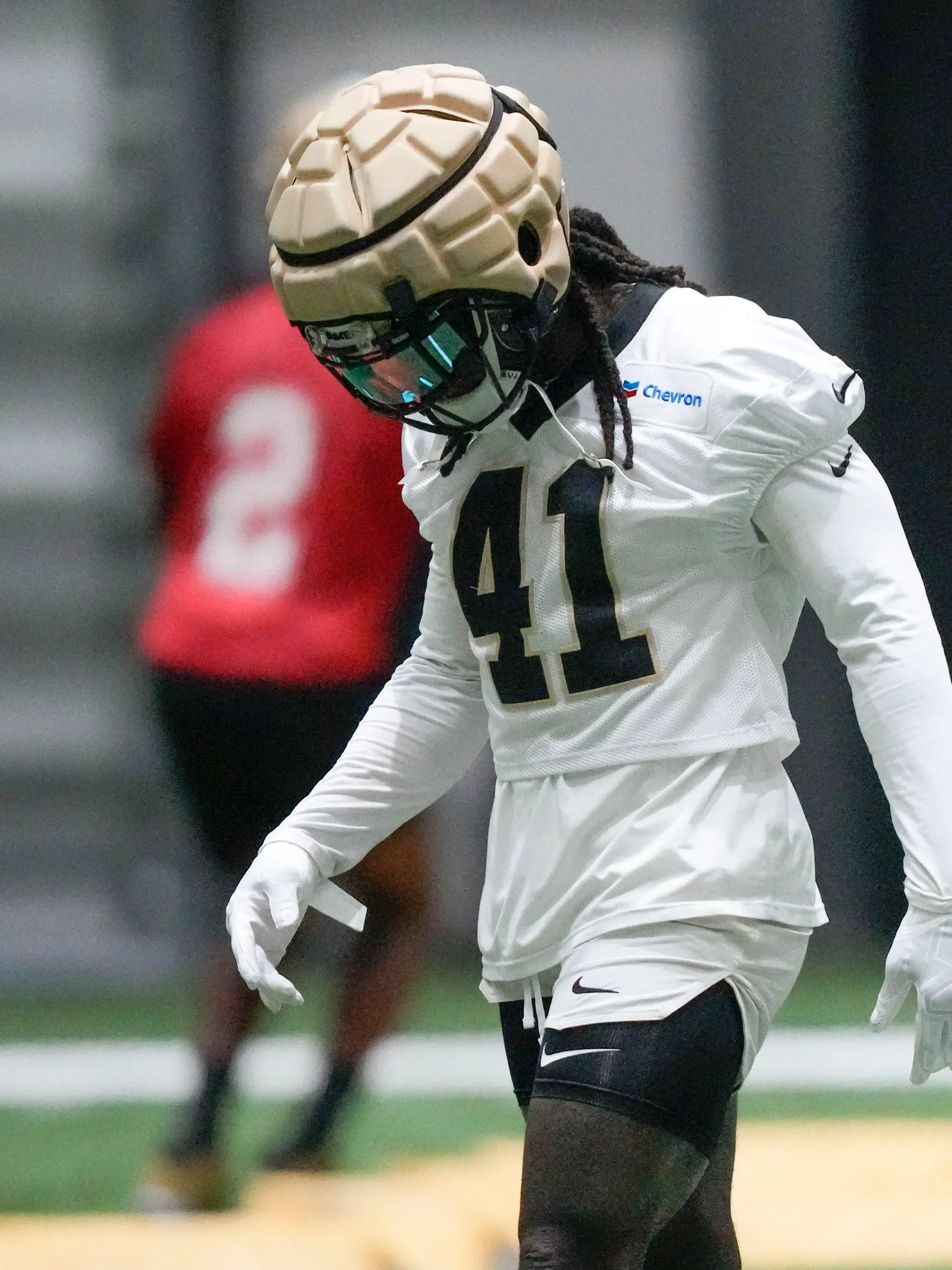 New Orleans Saints running back Alvin Kamara (41) runs through drills at the NFL team's football training camp in Metairie, La., Friday, Aug. 4, 2023. (AP Photo/Gerald Herbert)