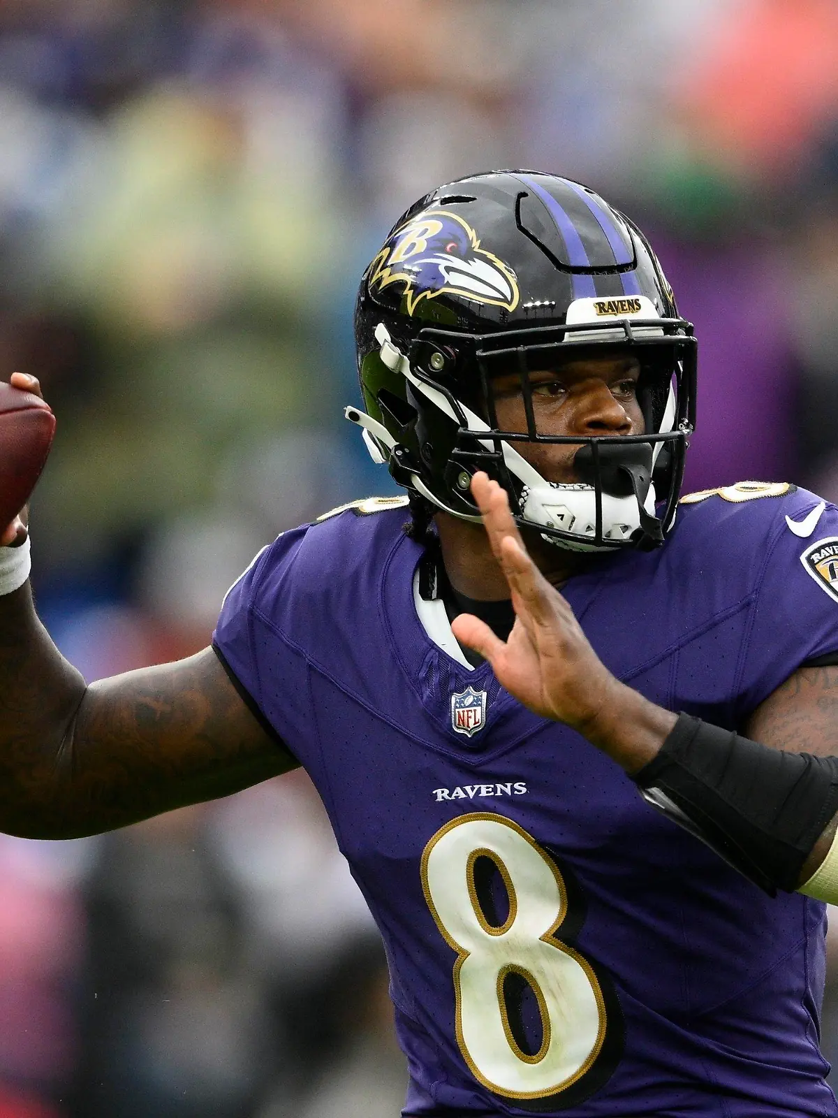 Baltimore Ravens quarterback Lamar Jackson throws during the second half of an NFL football game against the Indianapolis Colts, Sunday, Sept. 24, 2023, in Baltimore. (AP Photo/Nick Wass)