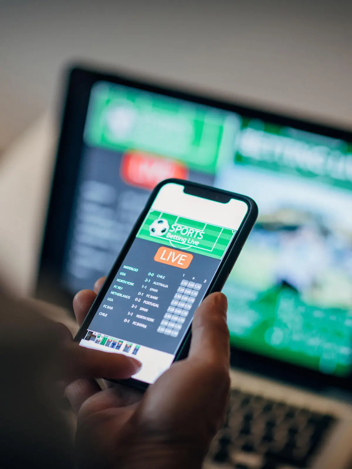 Mature man using mobile app for live betting and online gambling and watching a sports match