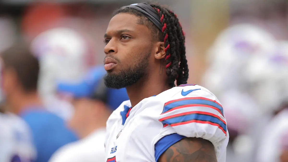 FILE - Buffalo Bills safety Damar Hamlin looks on during an NFL football preseason game against the Chicago Bears, Aug. 26, 2023, in Chicago. The Bills are drawing upon the lingering memories of an emotionally draining season last year by believing they are stronger because of it thanks to the emphasis coach Sean McDermott placed on mental health. (AP Photo/Melissa Tamez, File)