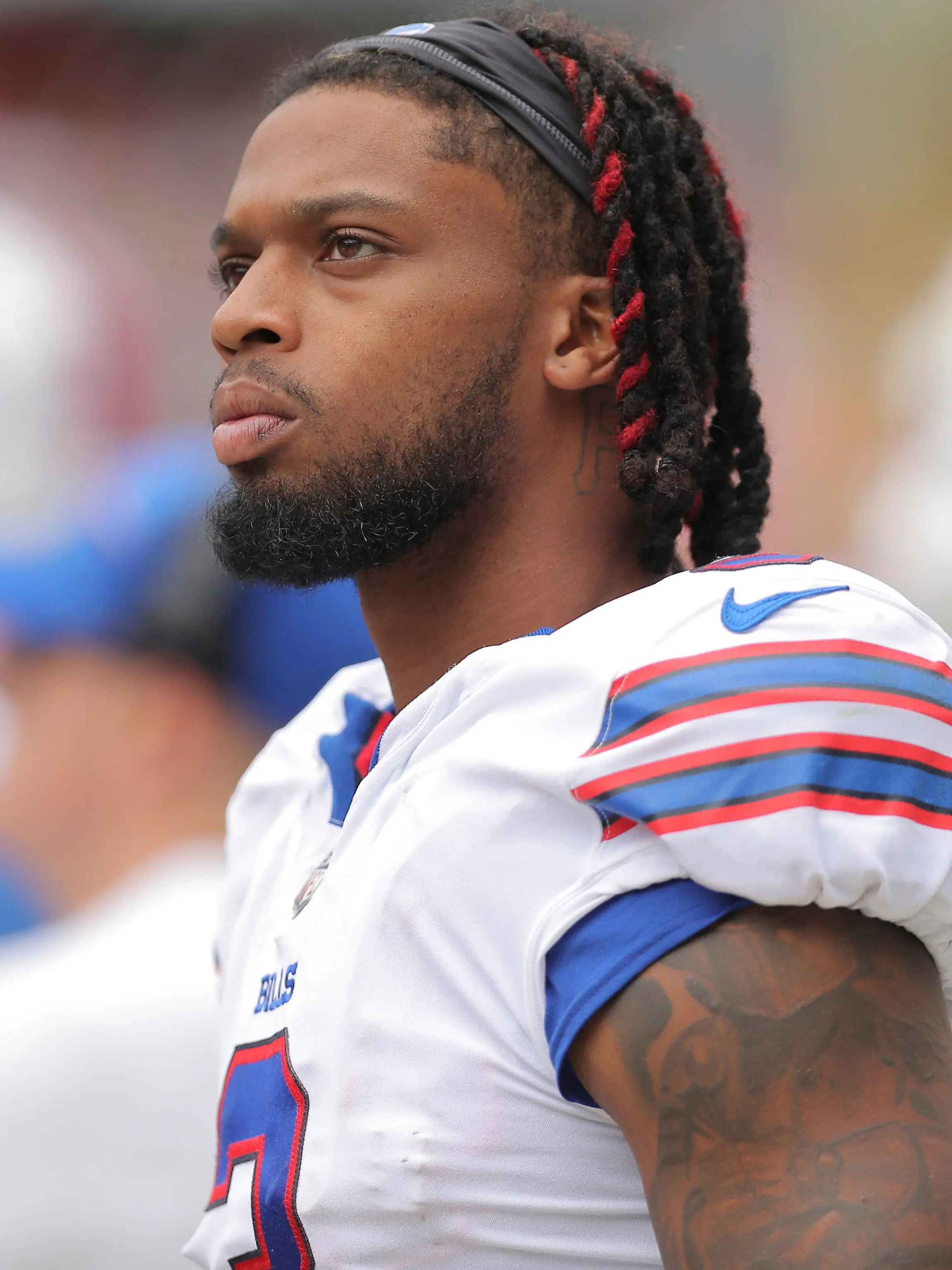 FILE - Buffalo Bills safety Damar Hamlin looks on during an NFL football preseason game against the Chicago Bears, Aug. 26, 2023, in Chicago. The Bills are drawing upon the lingering memories of an emotionally draining season last year by believing they are stronger because of it thanks to the emphasis coach Sean McDermott placed on mental health. (AP Photo/Melissa Tamez, File)