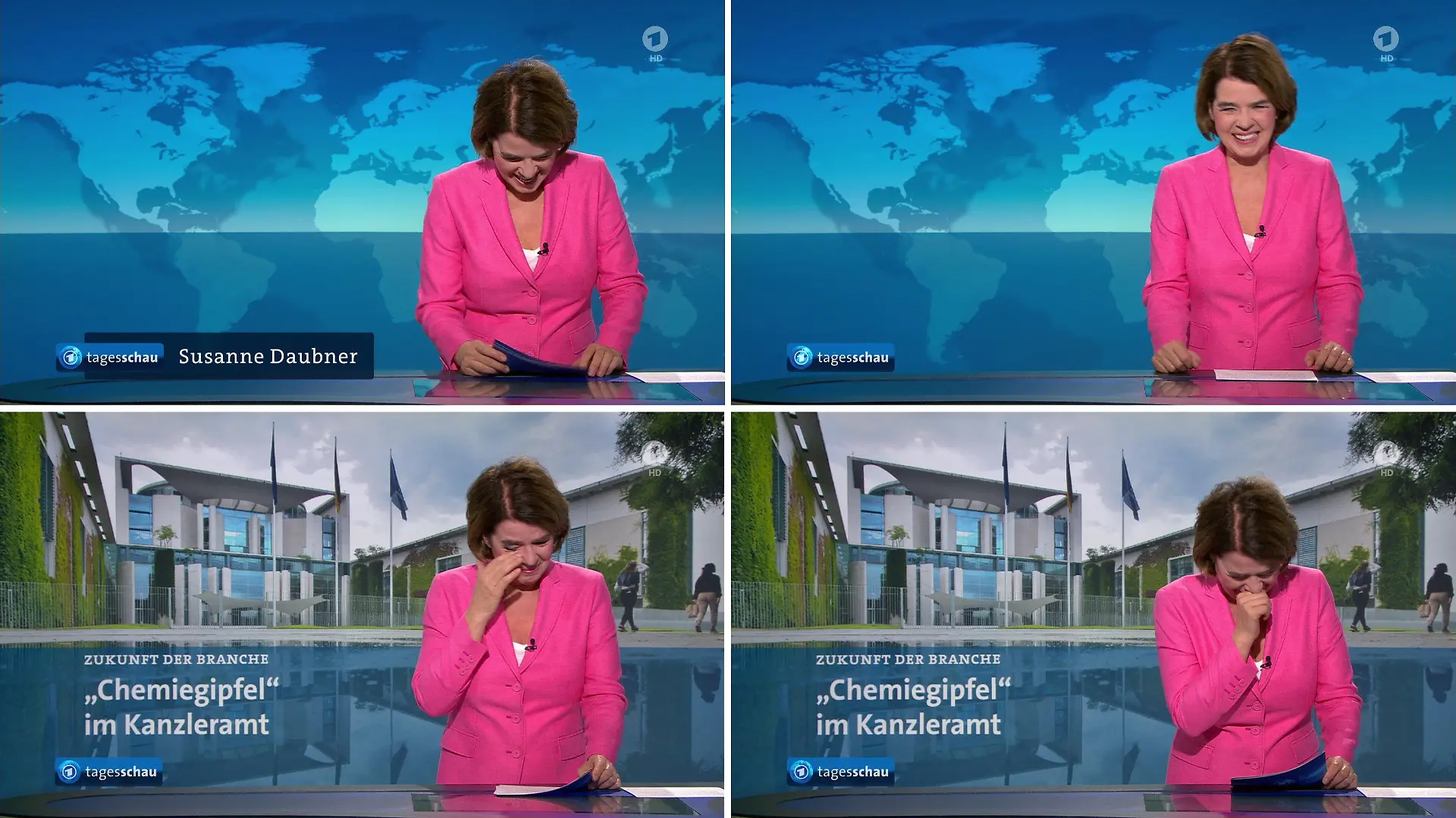 HANDOUT - 27.09.2023, Hamburg: KOMBO - Standbilder der Ausstrahlung der "Tagesschau" um 07:30 Uhr zeigen die lachende «Tagesschau»-Sprecherin Susanne Daubner. Sie ist mitten in den Morgennachrichten von einem hartnäckigen Lachanfall heimgesucht worden. Offenbar ausgelöst durch eine launige Überleitung des «moma»-Teams A. Planken und S. Lorig, kam die 62-jährige Sprecherin bei der ersten Nachricht einfach nicht in den Tritt. Foto: ARD-aktuell/dpa - ACHTUNG: Nur zur redaktionellen Verwendung im Zusammenhang mit einer Berichterstattung über die «Tagesschau» vom 27.09.2023 und nur mit vollständiger Nennung des vorstehenden Credits +++ dpa-Bildfunk +++
