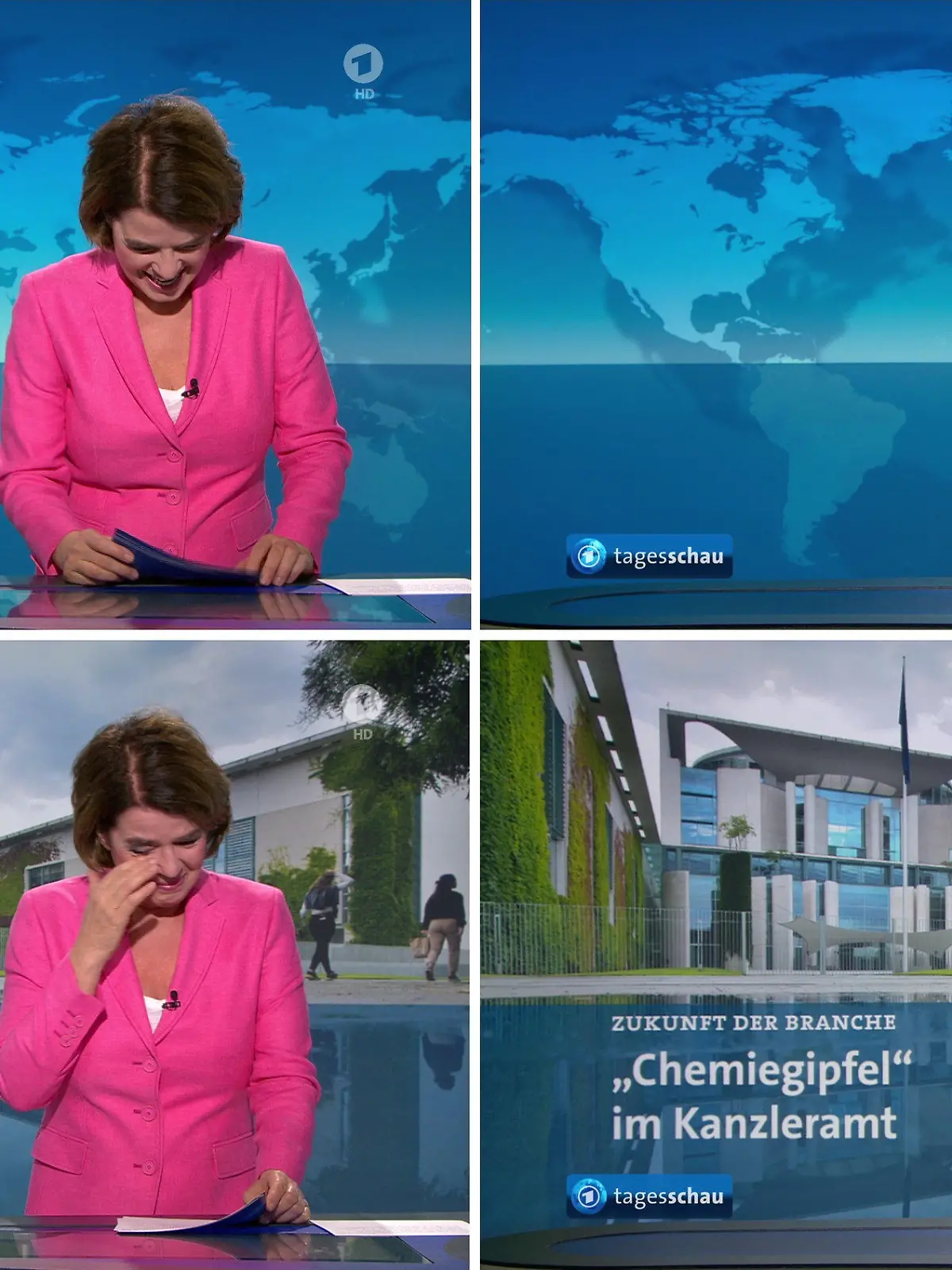 HANDOUT - 27.09.2023, Hamburg: KOMBO - Standbilder der Ausstrahlung der "Tagesschau" um 07:30 Uhr zeigen die lachende «Tagesschau»-Sprecherin Susanne Daubner. Sie ist mitten in den Morgennachrichten von einem hartnäckigen Lachanfall heimgesucht worden. Offenbar ausgelöst durch eine launige Überleitung des «moma»-Teams A. Planken und S. Lorig, kam die 62-jährige Sprecherin bei der ersten Nachricht einfach nicht in den Tritt. Foto: ARD-aktuell/dpa - ACHTUNG: Nur zur redaktionellen Verwendung im Zusammenhang mit einer Berichterstattung über die «Tagesschau» vom 27.09.2023 und nur mit vollständiger Nennung des vorstehenden Credits +++ dpa-Bildfunk +++