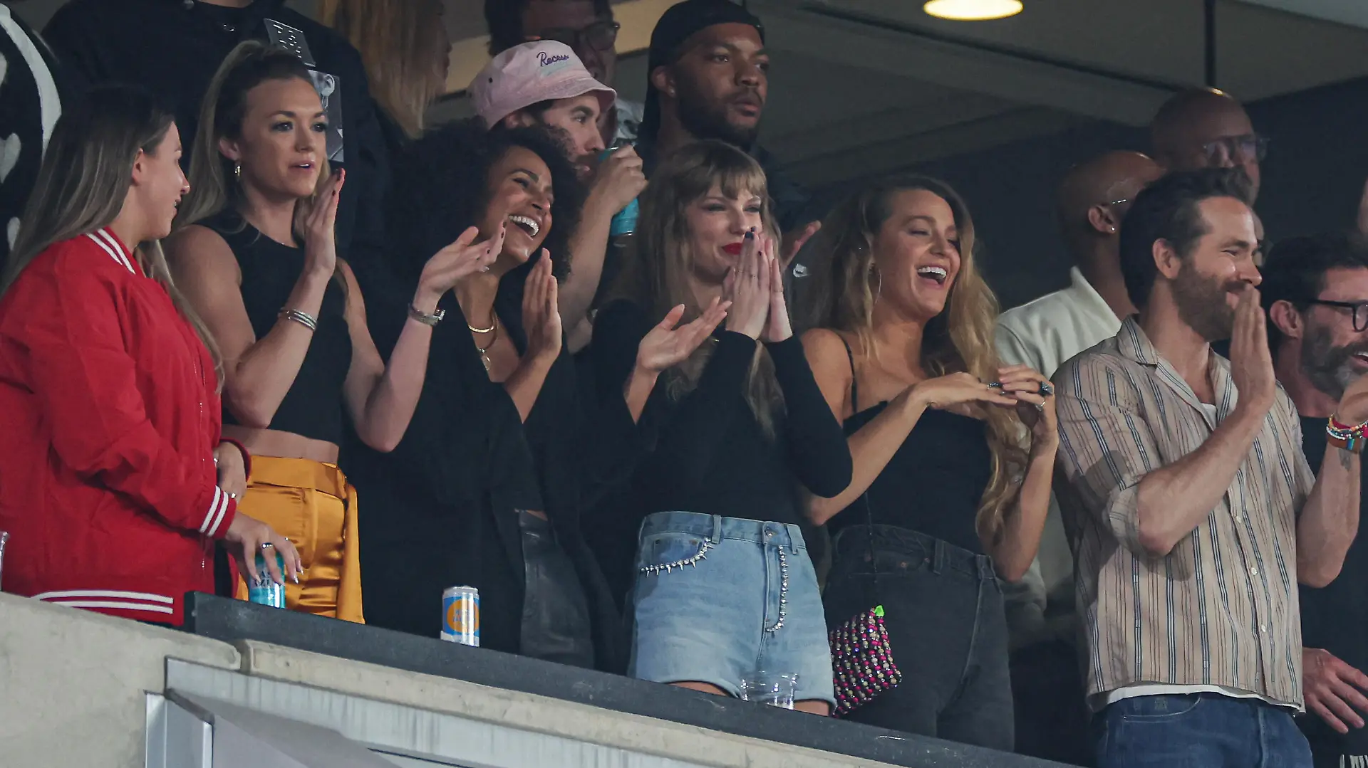 Oct 1, 2023; East Rutherford, New Jersey, USA; Taylor Swift, a guest of Kansas City Chiefs tight end Travis Kelce (not pictured), cheers during the game at MetLife Stadium. Mandatory Credit: Vincent Carchietta-USA TODAY Sports