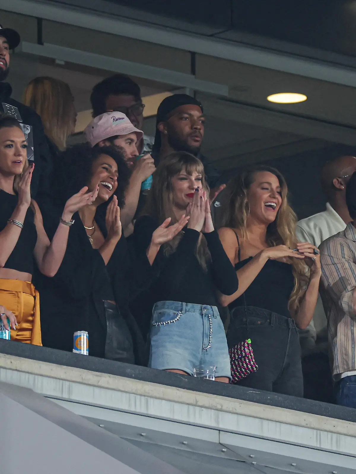 Oct 1, 2023; East Rutherford, New Jersey, USA; Taylor Swift, a guest of Kansas City Chiefs tight end Travis Kelce (not pictured), cheers during the game at MetLife Stadium. Mandatory Credit: Vincent Carchietta-USA TODAY Sports