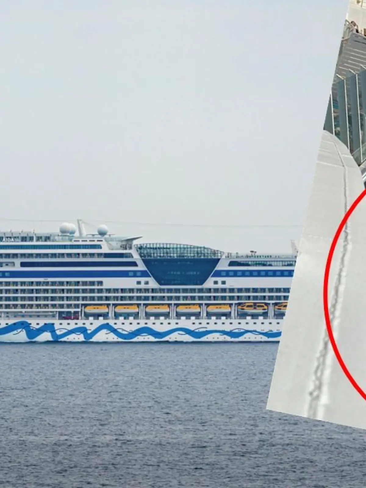 Ein Flüchtlingsboot (roter Kreis) hat am Kreuzfahrtschiff Aida Blu festgemacht.