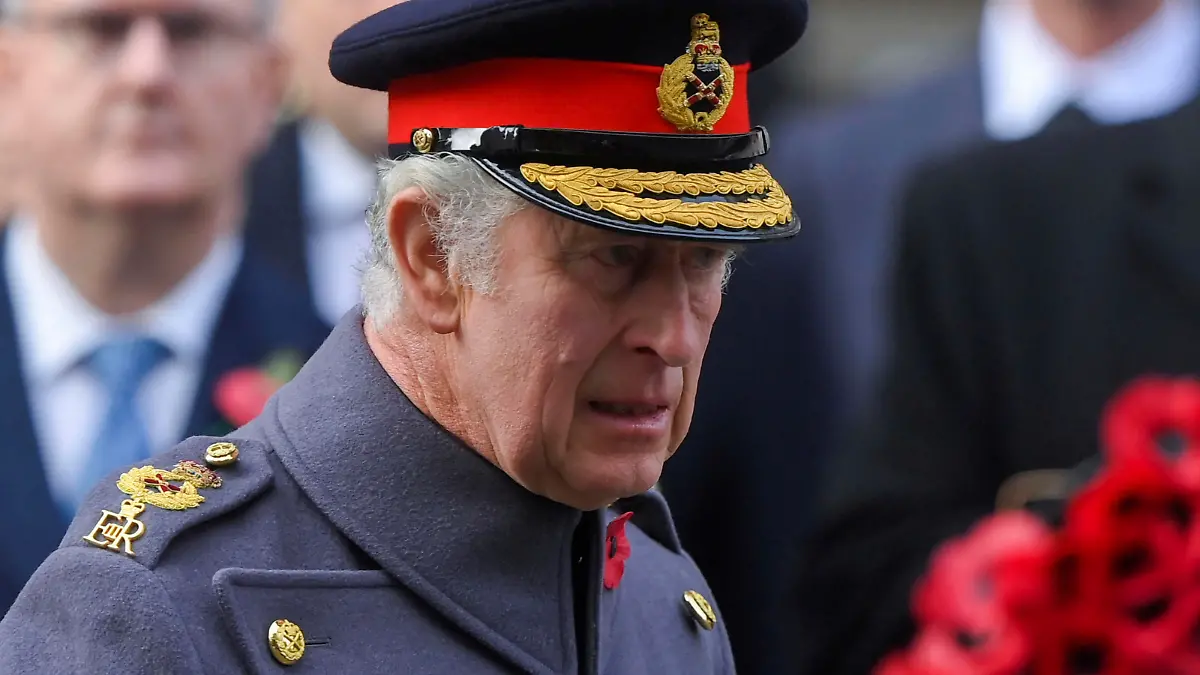 Britain's King Charles III attends the Remembrance Sunday ceremony at the Cenotaph on Whitehall in London, Sunday Nov. 13, 2022. (Toby Melville/Pool via AP)