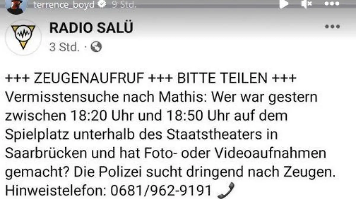 Kaiserslautern-Stürmer Terrence Bod hilft bei der Suche nach dem fünfjährigen Mathis W. aus Saarbrücken.