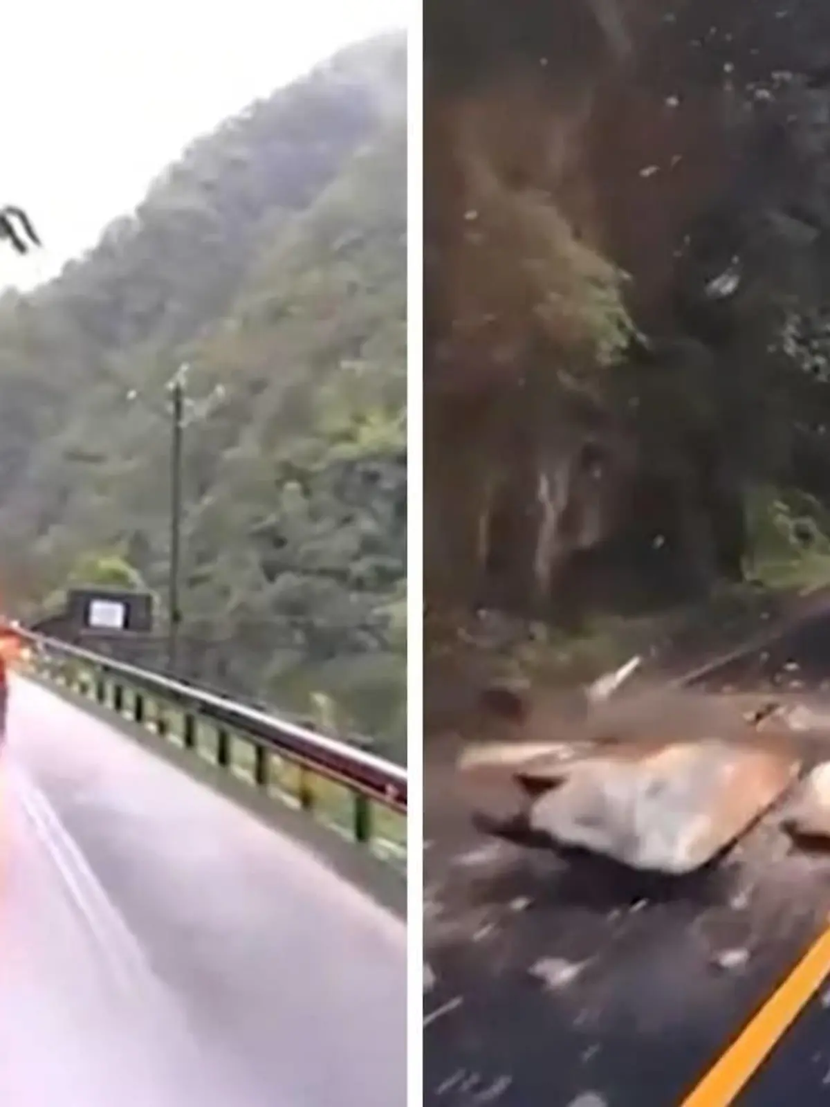 In China ist ein Auto auf einer verregneten Straße unterwegs. Alles wirkt sicher, dann kracht plötzlich ein Felsbrocken auf die Fahrbahn! Der Stein verfehlt das Auto nur um Haaresbreite, die Insassen haben großes Glück, niemand wird verletzt.