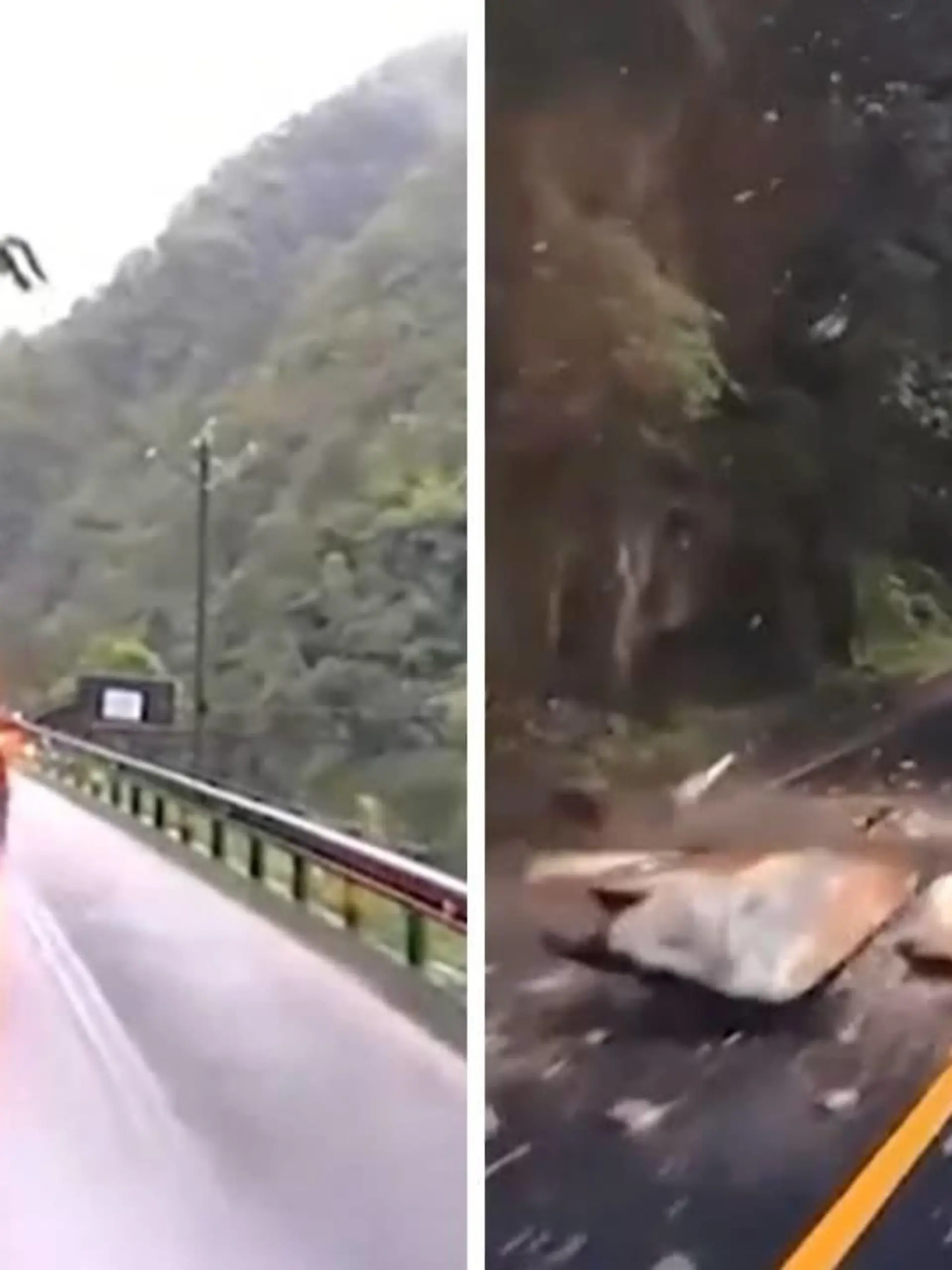 In China ist ein Auto auf einer verregneten Straße unterwegs. Alles wirkt sicher, dann kracht plötzlich ein Felsbrocken auf die Fahrbahn! Der Stein verfehlt das Auto nur um Haaresbreite, die Insassen haben großes Glück, niemand wird verletzt.
