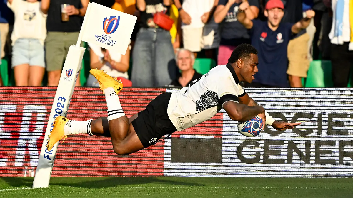 RECORD DATE NOT STATED 17th September 2023: St Emilion, France Joshua Tuisova of Fiji dives over to score a try. Rugby World Cup France 2023 Australia versus Fiji group match at Stade Geoffroy-Guichard, Saint-& xc9tienne, France PUBLICATIONxNOTxINxUK ActionPlus12554995 AndrewxCornaga