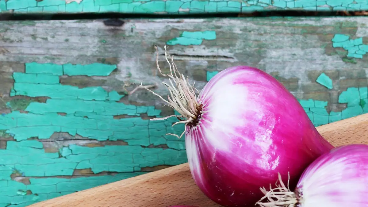 Fresh purple onion on a wooden board