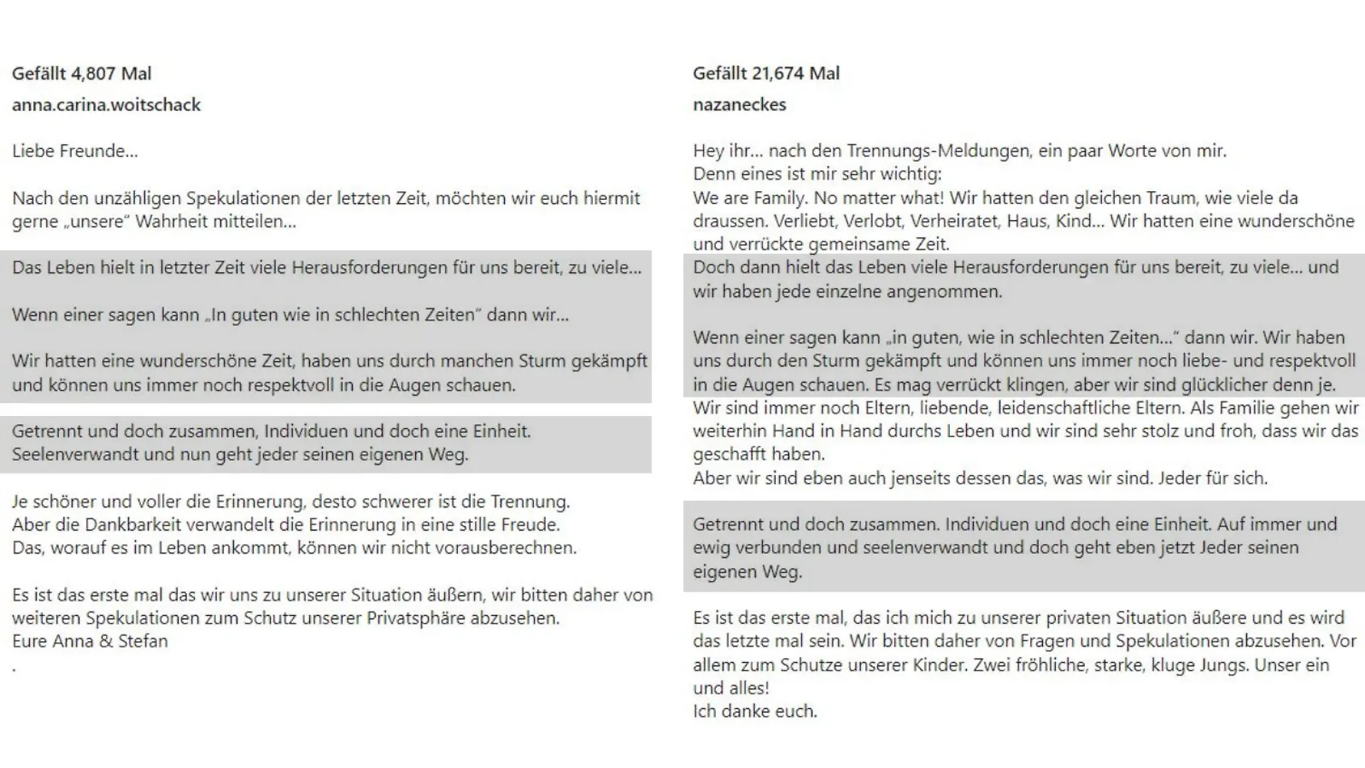 Anna-Carina Woitschaks & Stefan Mross' Posting vs. Nazan Eckes Posting